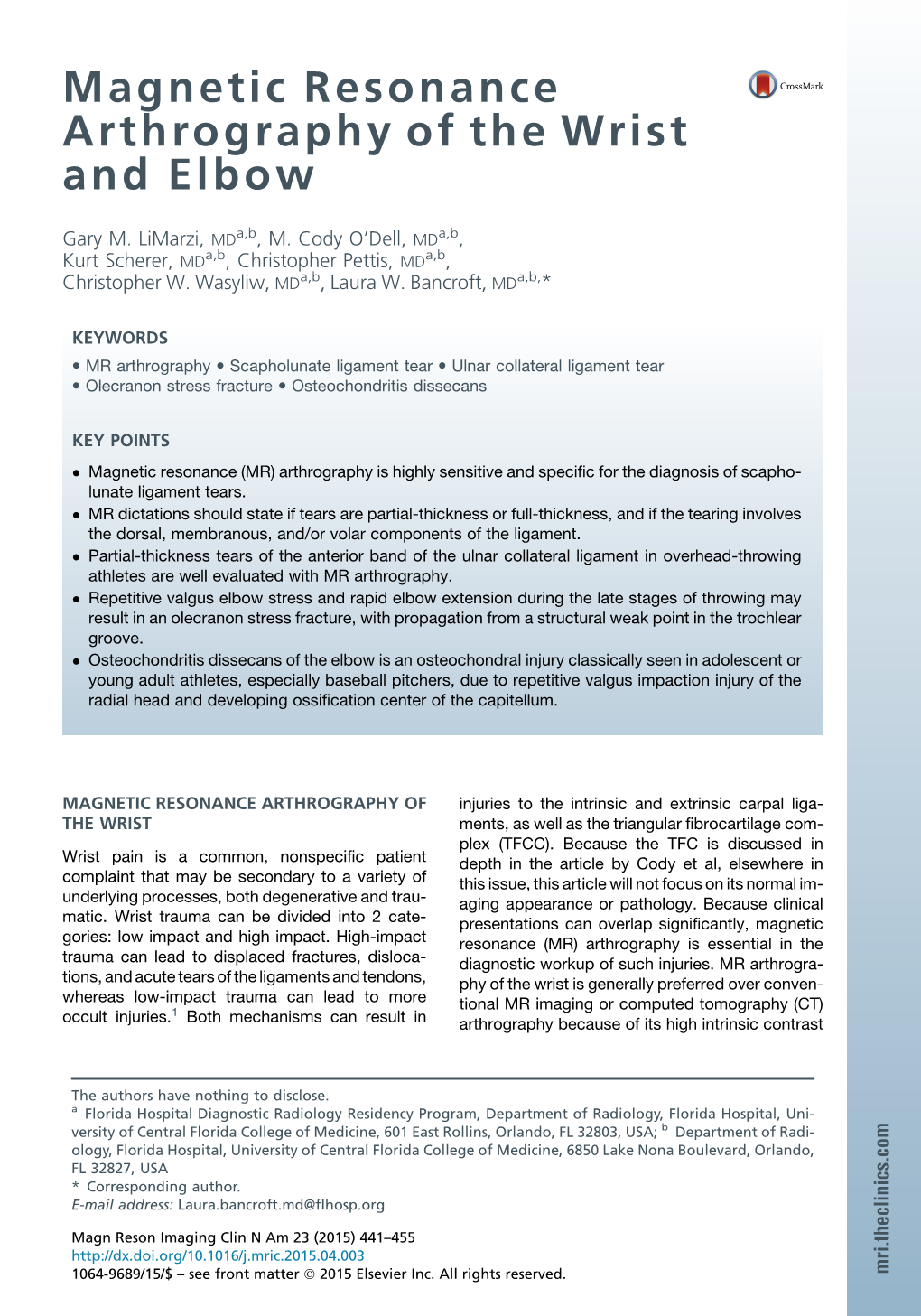 Magnetic Resonance Arthrography of the Wrist and Elbow