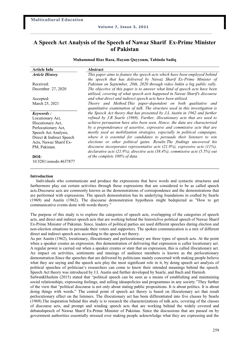 A Speech Act Analysis of the Speech of Nawaz Sharif Ex-Prime Minister of Pakistan