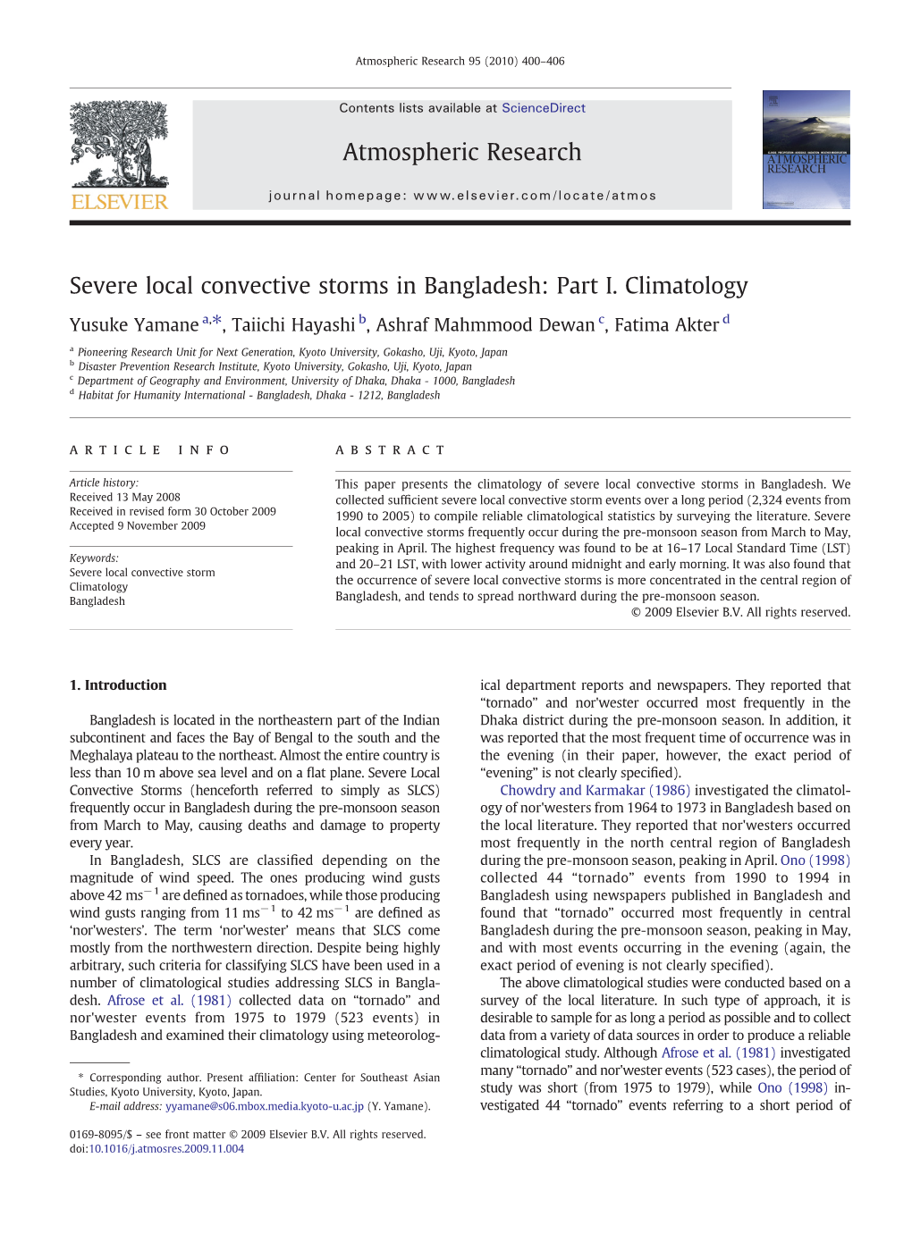 Severe Local Convective Storms in Bangladesh: Part I. Climatology