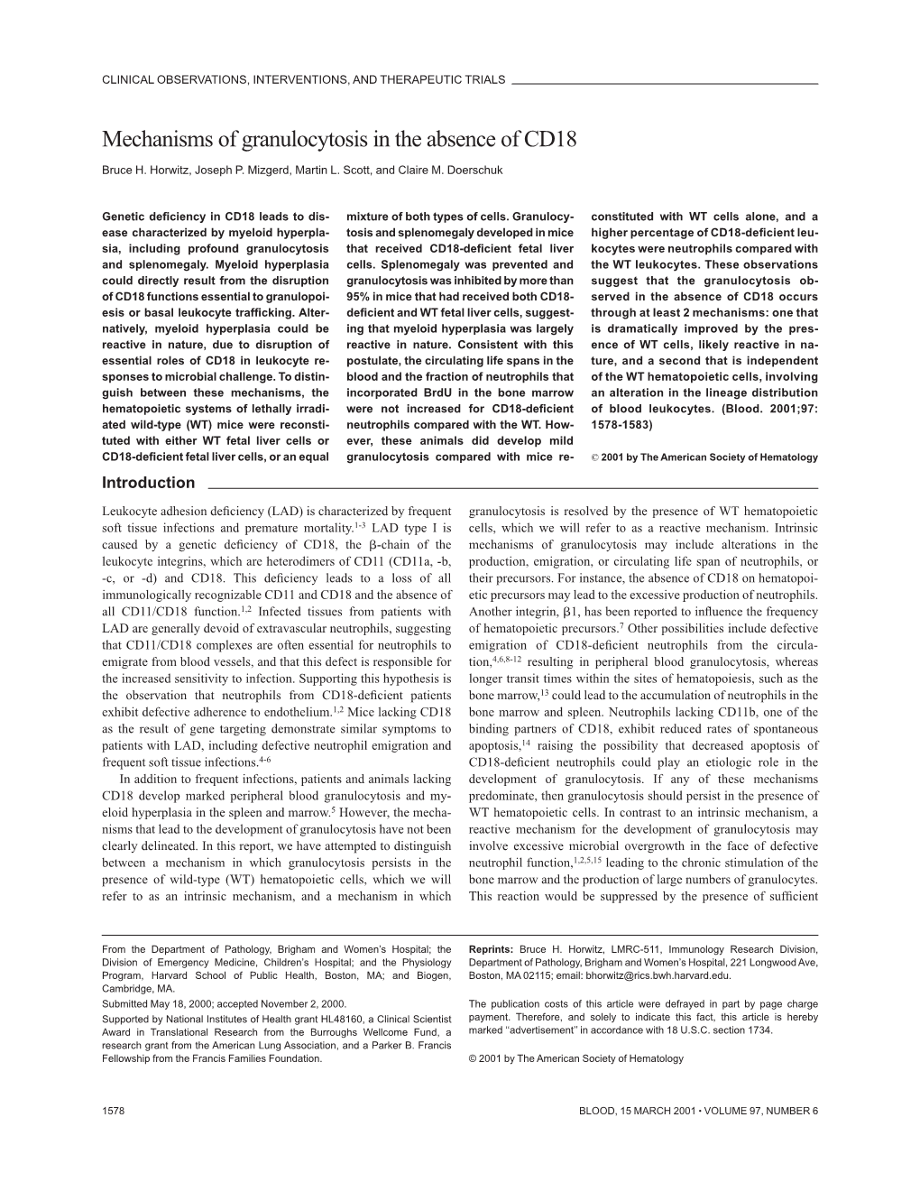 Mechanisms of Granulocytosis in the Absence of CD18