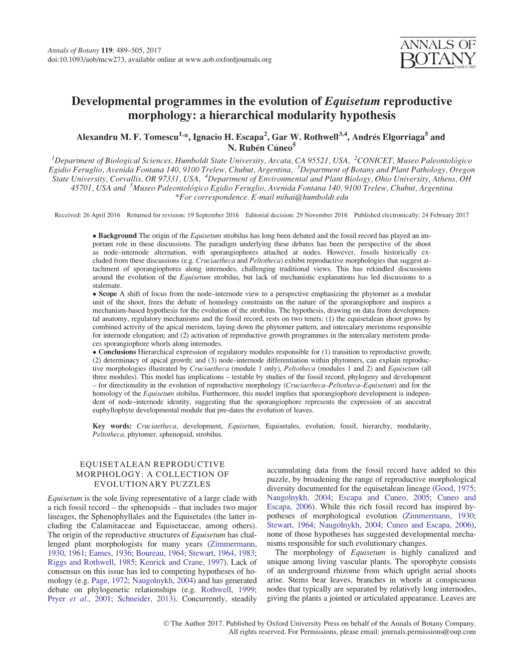 Developmental Programmes in the Evolution of Equisetum Reproductive Morphology: a Hierarchical Modularity Hypothesis