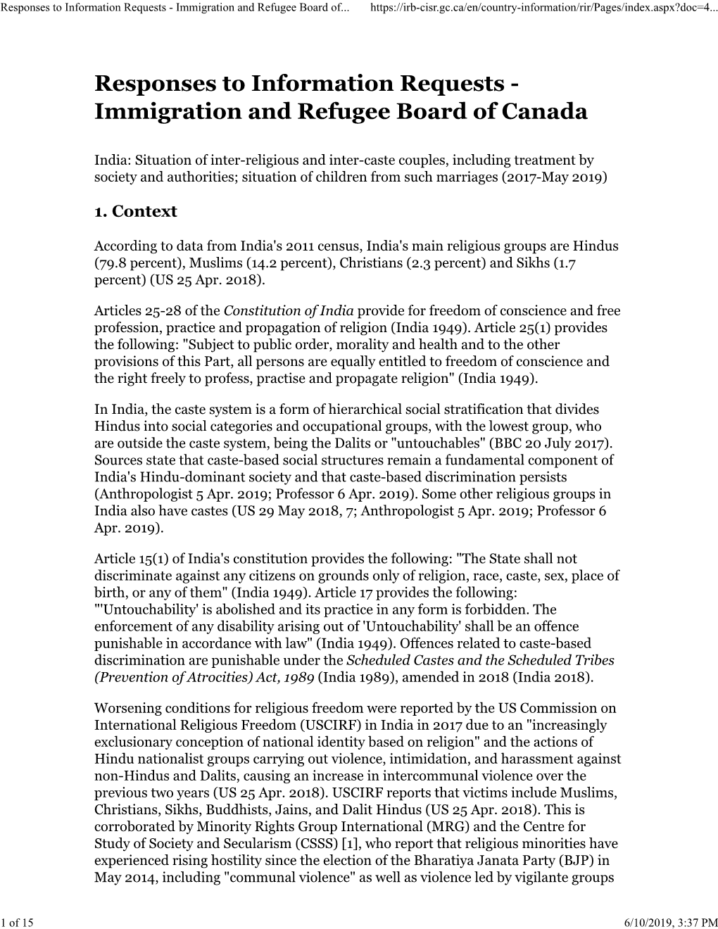 Responses to Information Requests - Immigration and Refugee Board Of