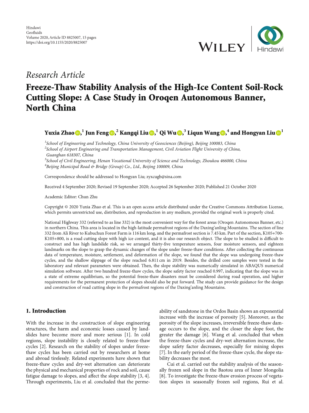 Freeze-Thaw Stability Analysis of the High-Ice Content Soil-Rock Cutting Slope: a Case Study in Oroqen Autonomous Banner, North China