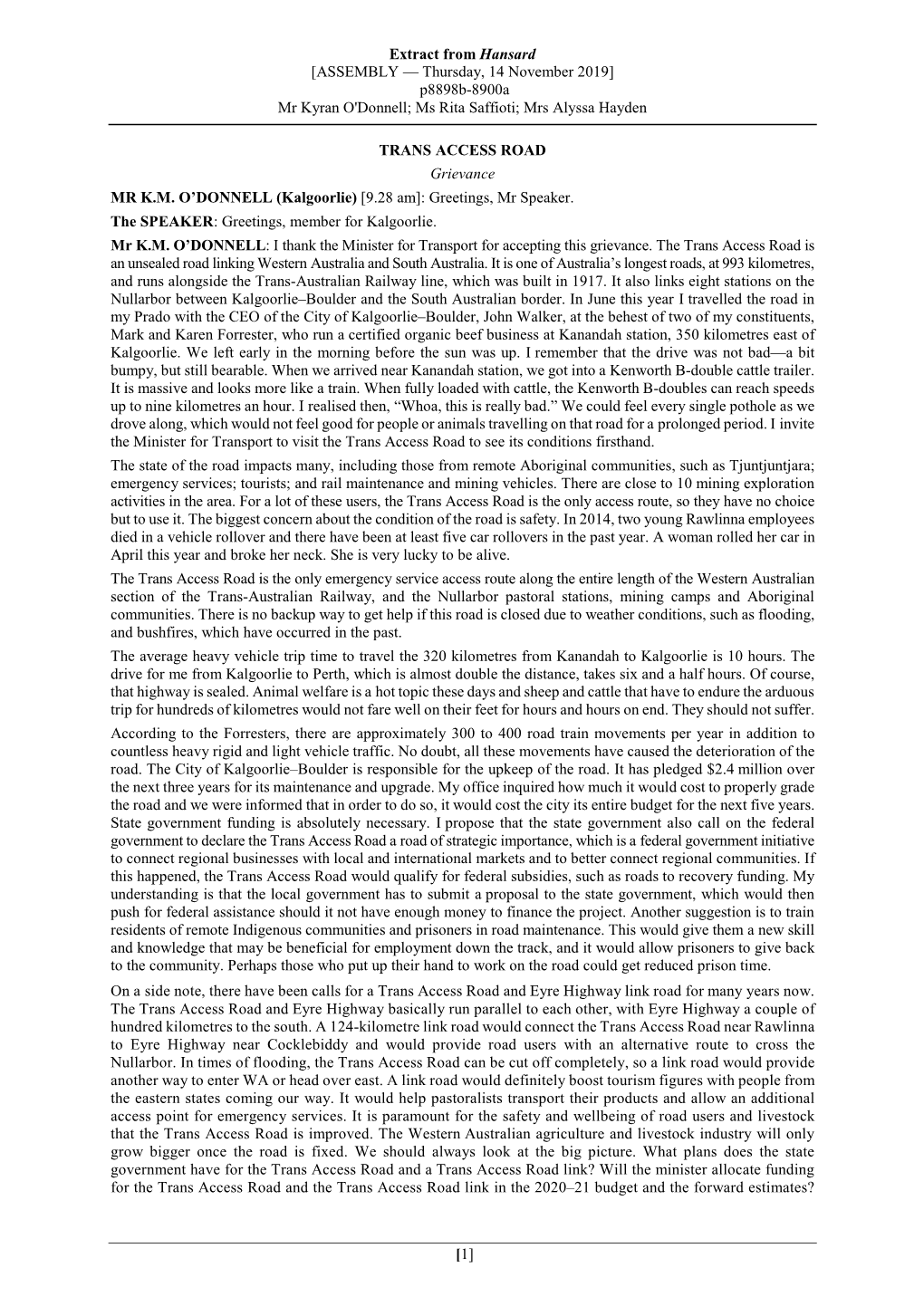 Extract from Hansard [ASSEMBLY — Thursday, 14 November 2019] P8898b-8900A Mr Kyran O'donnell; Ms Rita Saffioti; Mrs Alyssa Hayden