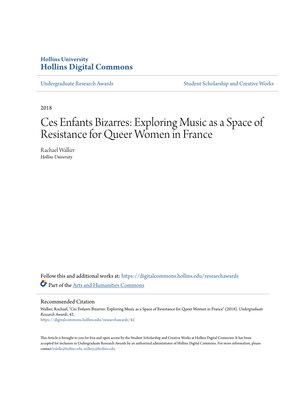 Exploring Music As a Space of Resistance for Queer Women in France Rachael Walker Hollins University