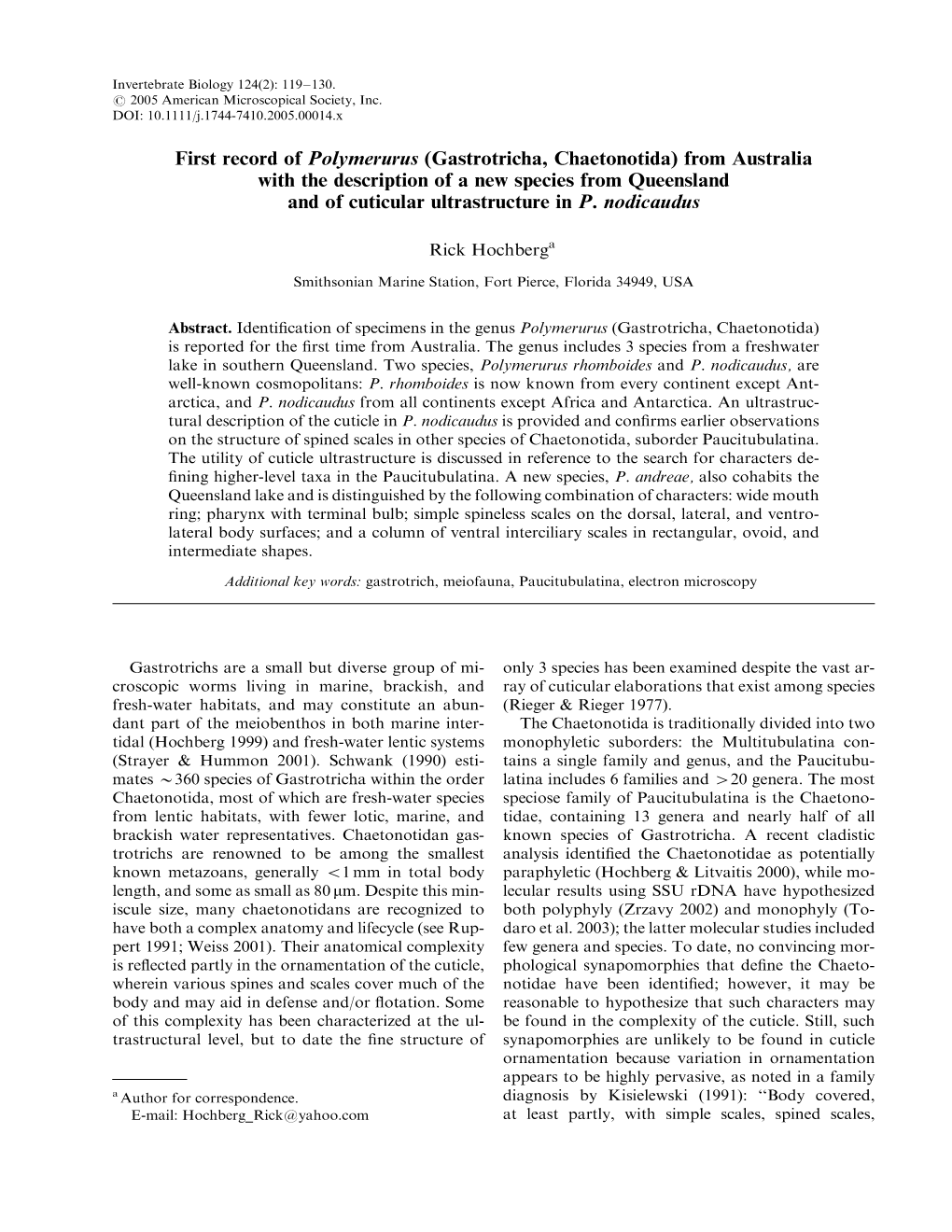 Gastrotricha, Chaetonotida) from Australia with the Description of a New Species from Queensland and of Cuticular Ultrastructure in P