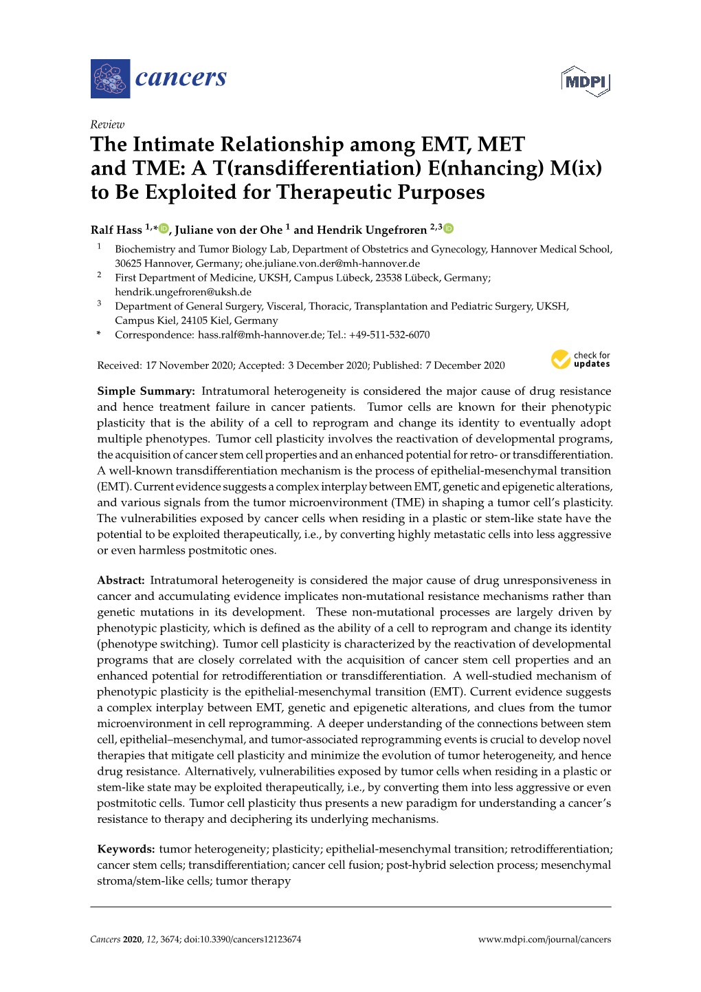 The Intimate Relationship Among EMT, MET and TME: a T(Ransdiﬀerentiation) E(Nhancing) M(Ix) to Be Exploited for Therapeutic Purposes