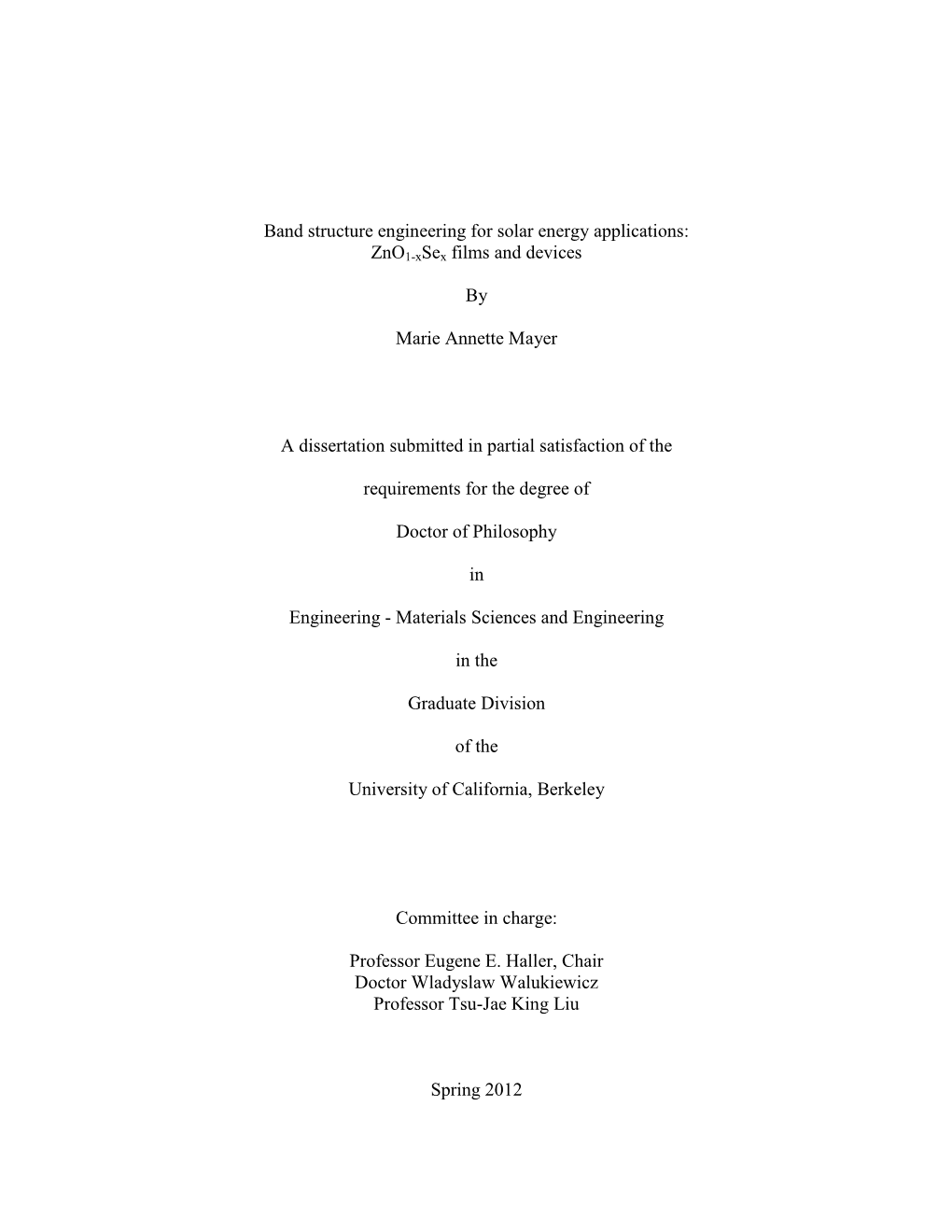 Band Structure Engineering for Solar Energy Applications: Zno1-Xsex Films and Devices