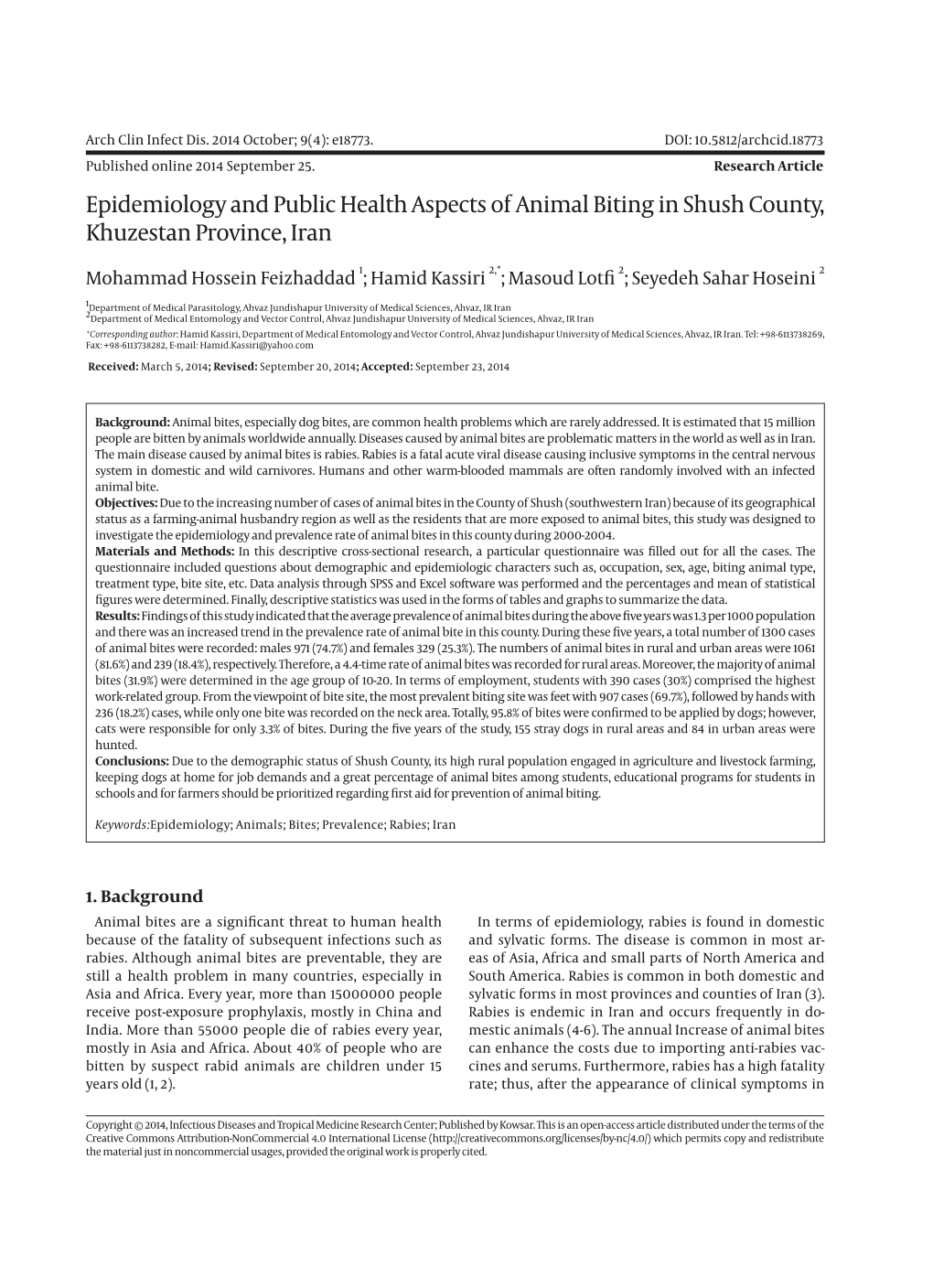 Epidemiology and Public Health Aspects of Animal Biting in Shush County, Khuzestan Province, Iran