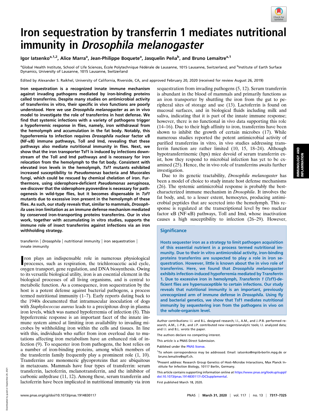 Iron Sequestration by Transferrin 1 Mediates Nutritional Immunity in Drosophila Melanogaster