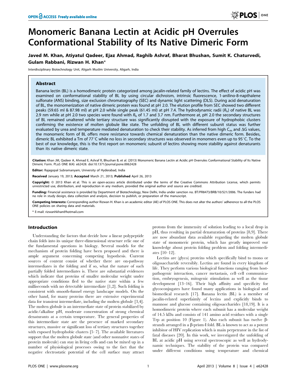 Monomeric Banana Lectin at Acidic Ph Overrules Conformational Stability of Its Native Dimeric Form