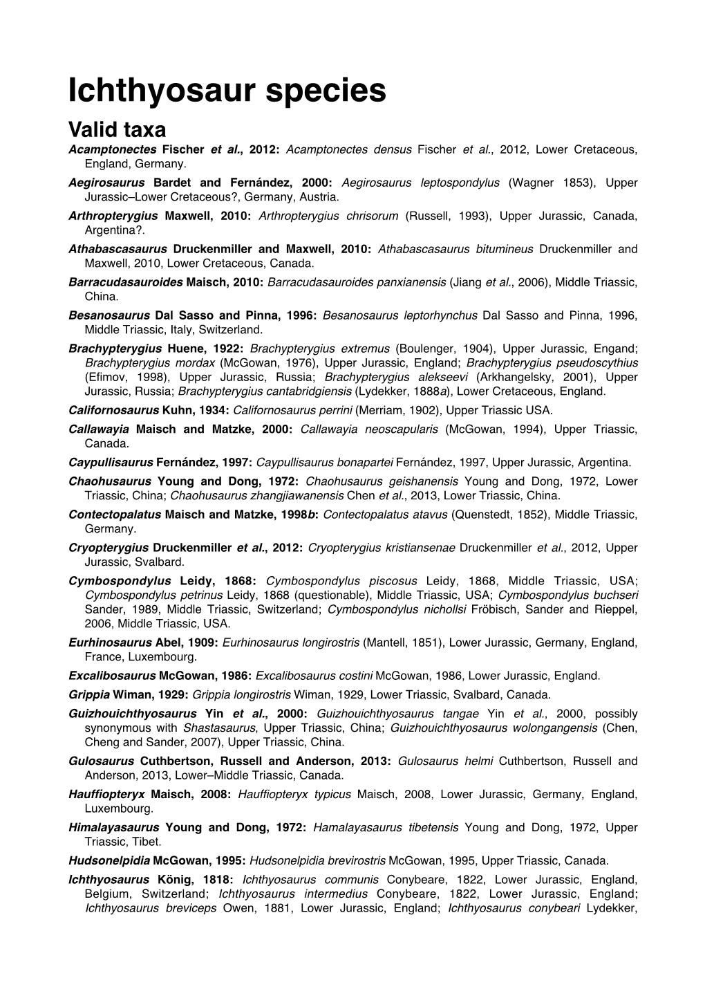 Ichthyosaur Taxonomy