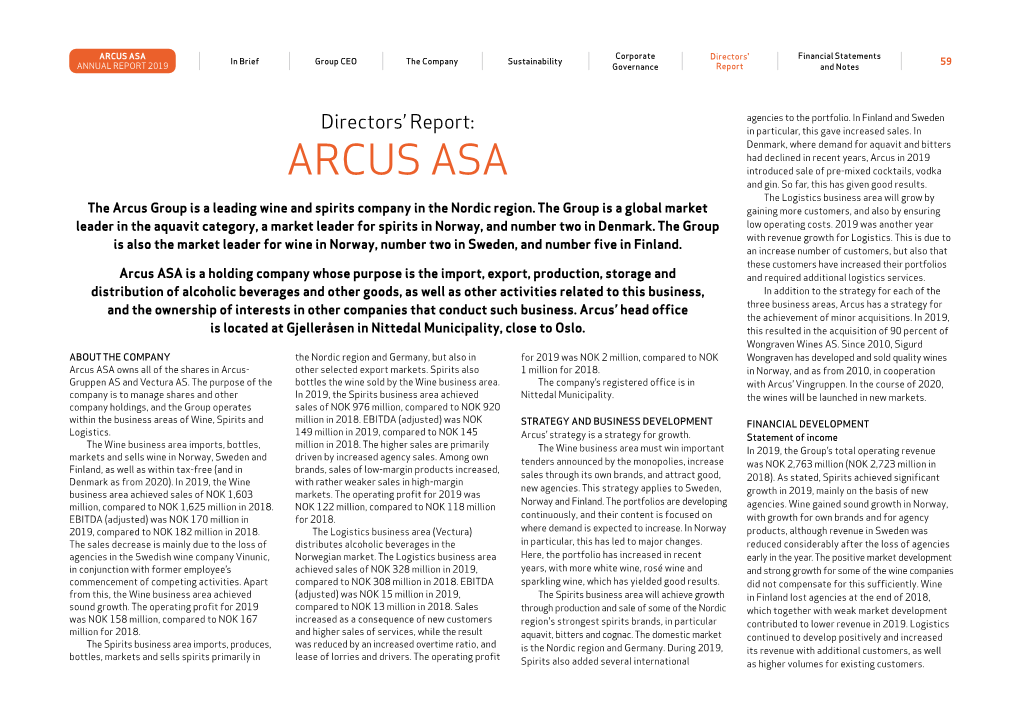 ARCUS ASA Corporate Directors' Financial Statements in Brief Group CEO the Company Sustainability 59 ANNUAL REPORT 2019 Governance Report and Notes