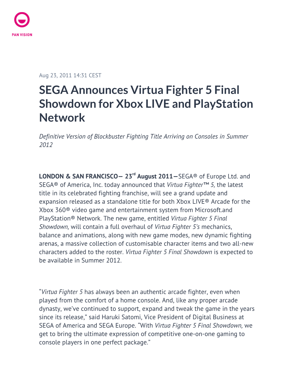 SEGA Announces Virtua Fighter 5 Final Showdown for Xbox LIVE and Playstation Network