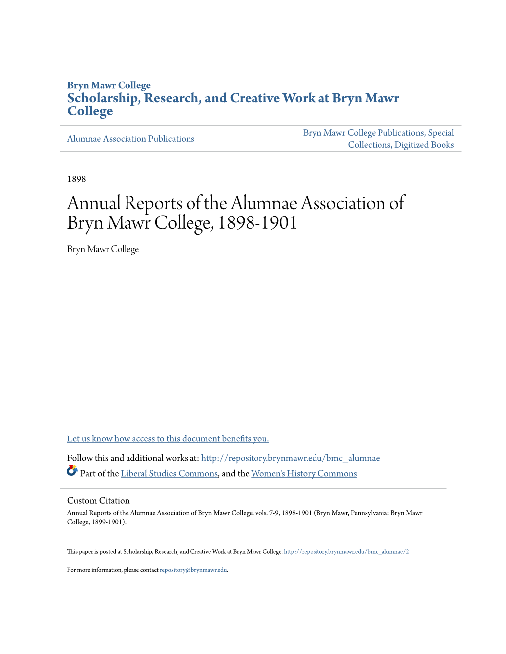 Annual Reports of the Alumnae Association of Bryn Mawr College, 1898-1901 Bryn Mawr College