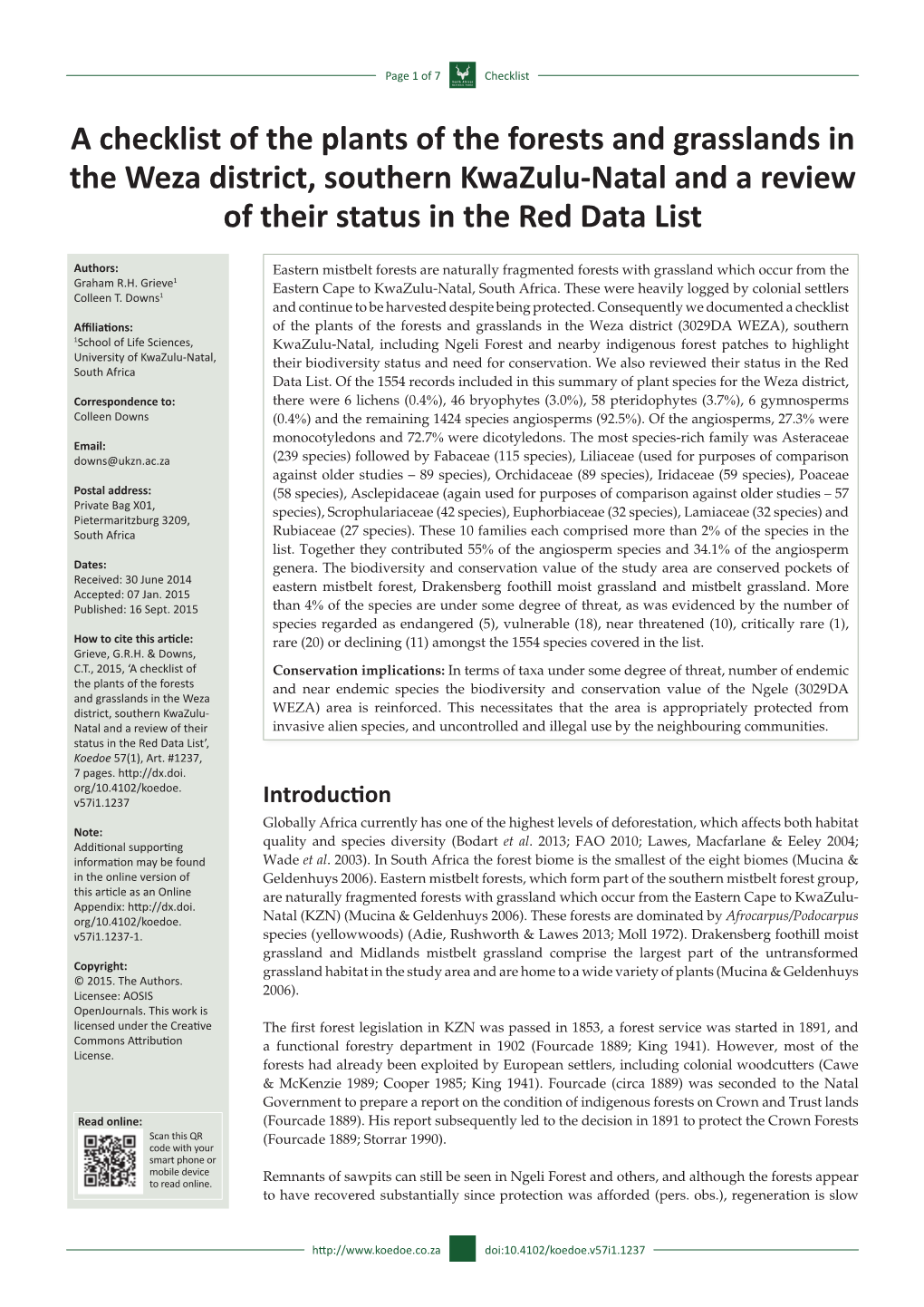 A Checklist of the Plants of the Forests and Grasslands in the Weza District, Southern Kwazulu-Natal and a Review of Their Status in the Red Data List