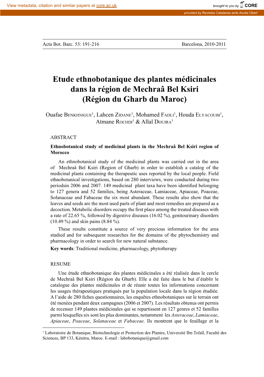 Etude Ethnobotanique Des Plantes Médicinales Dans La Région De Mechraâ Bel Ksiri (Région Du Gharb Du Maroc)
