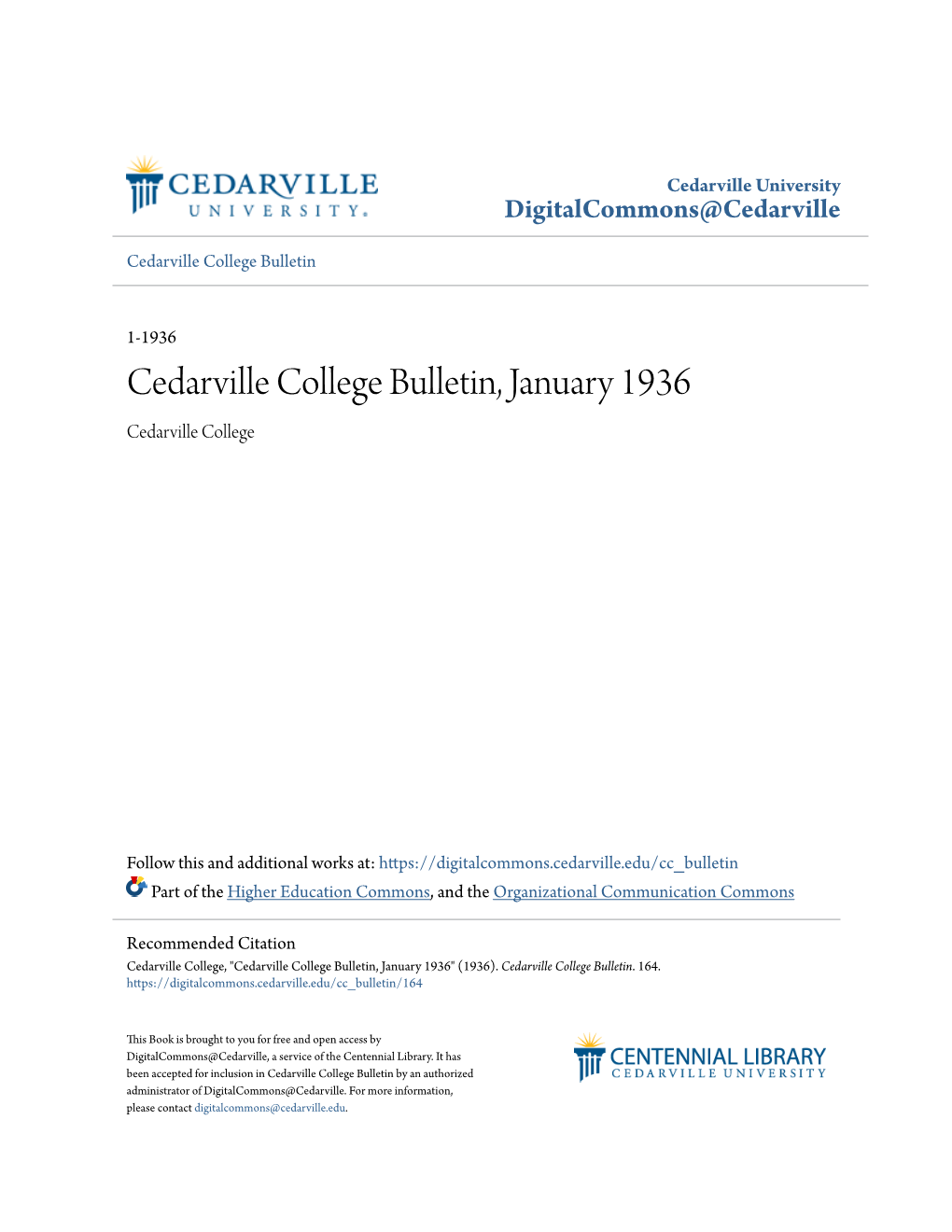 Cedarville College Bulletin, January 1936 Cedarville College