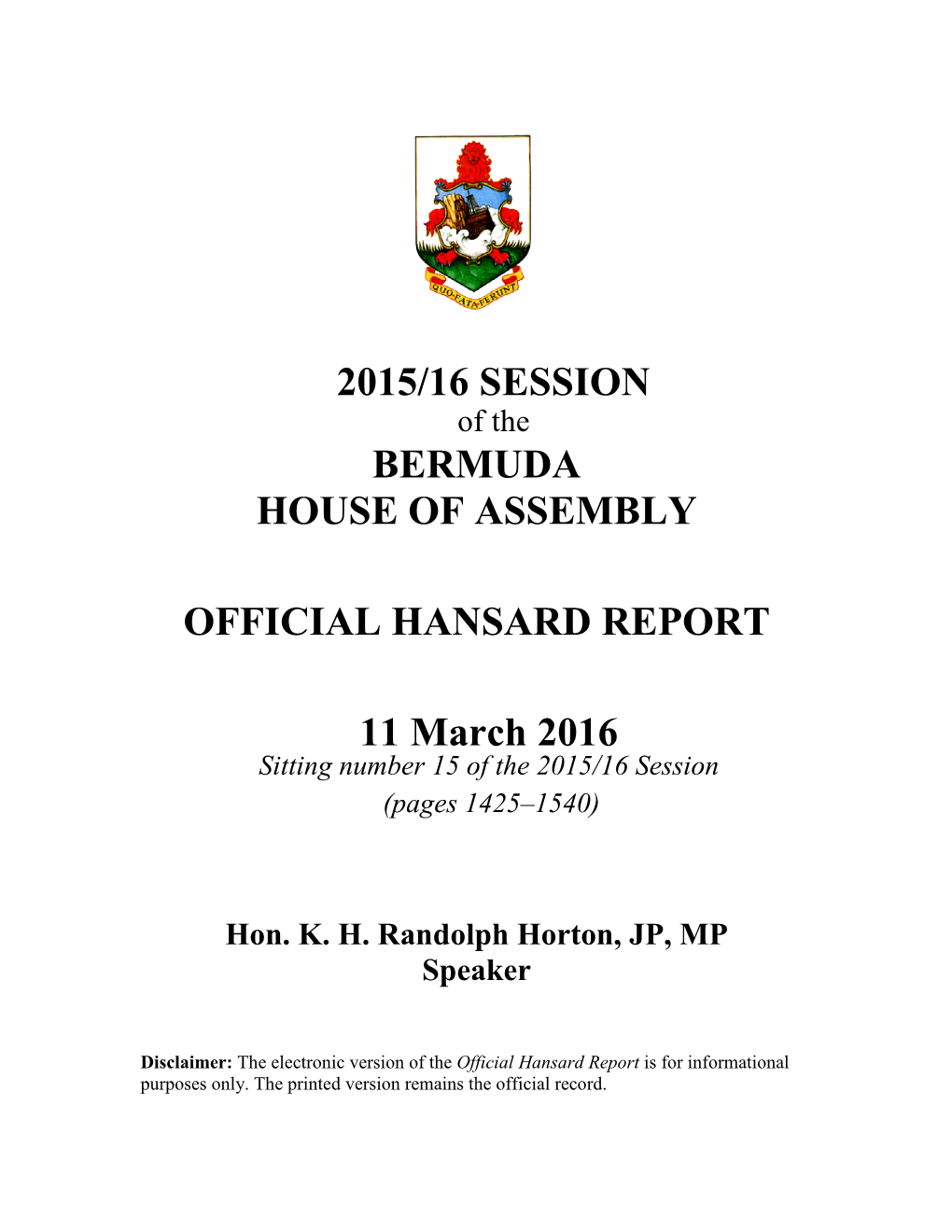 2015/16 Session Bermuda House of Assembly Official