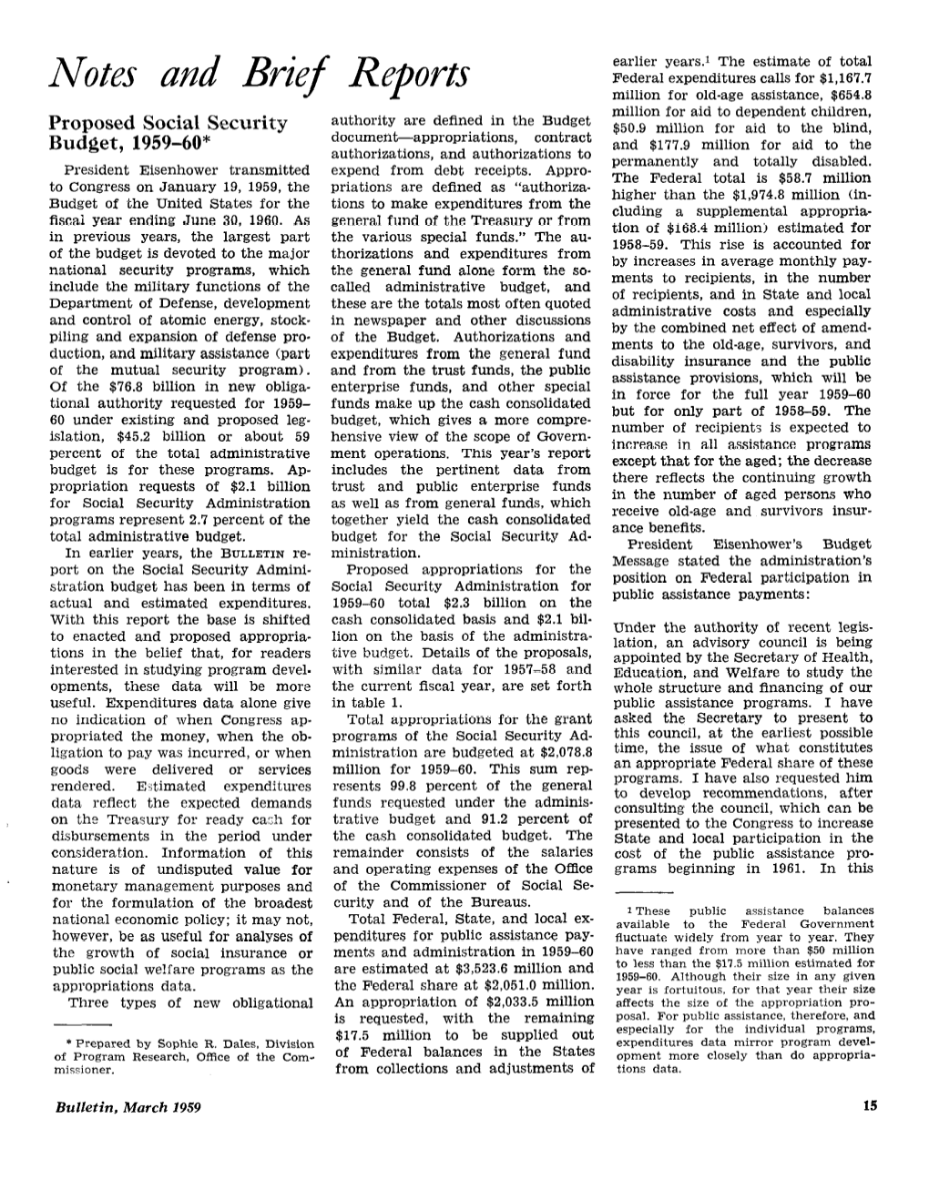 Proposed Social Security Budget, 1959–60