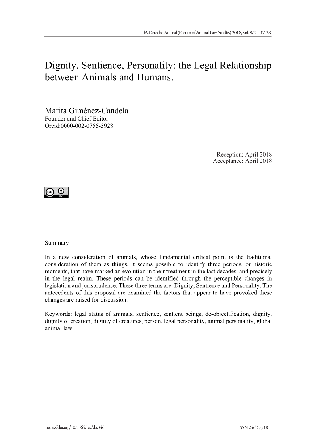 Dignity, Sentience, Personality: the Legal Relationship Between Animals and Humans