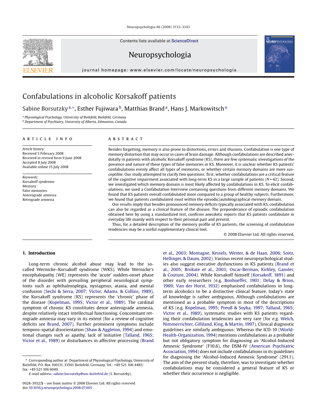 Neuropsychologia Confabulations in Alcoholic Korsakoff Patients