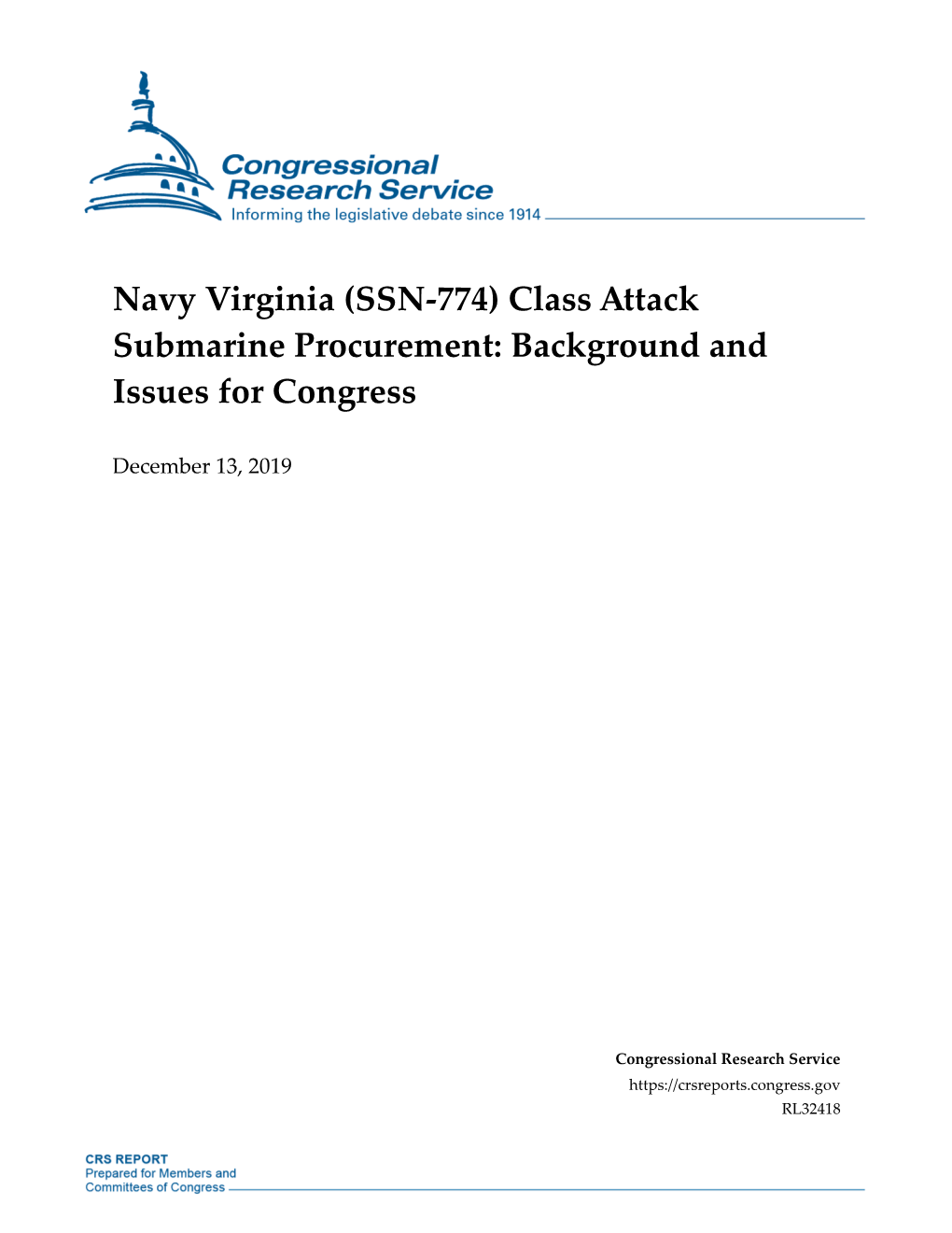 Navy Virginia (SSN-774) Class Attack Submarine Procurement: Background and Issues for Congress