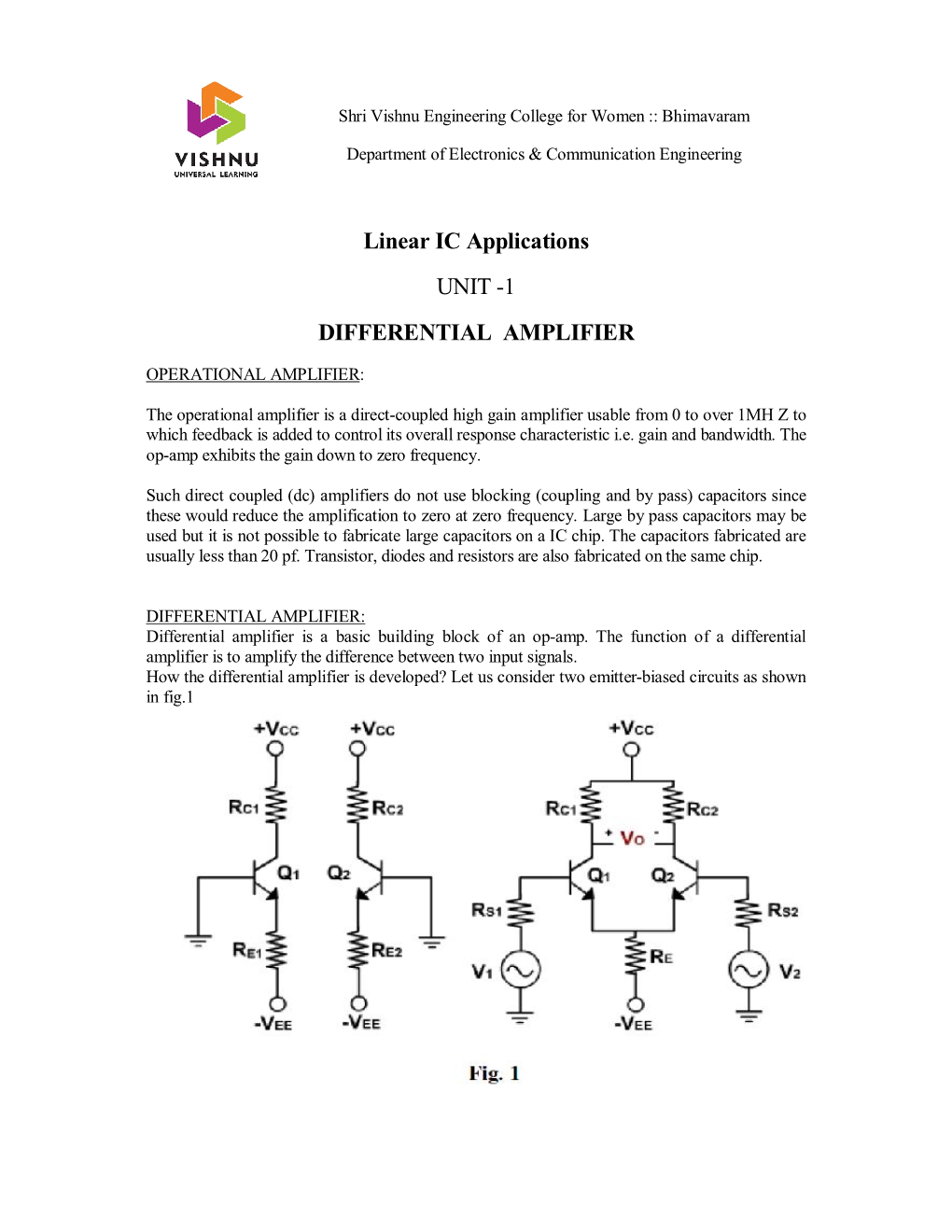 Linear IC Applications UNIT -1 DIFFERENTIAL AMPLIFIER