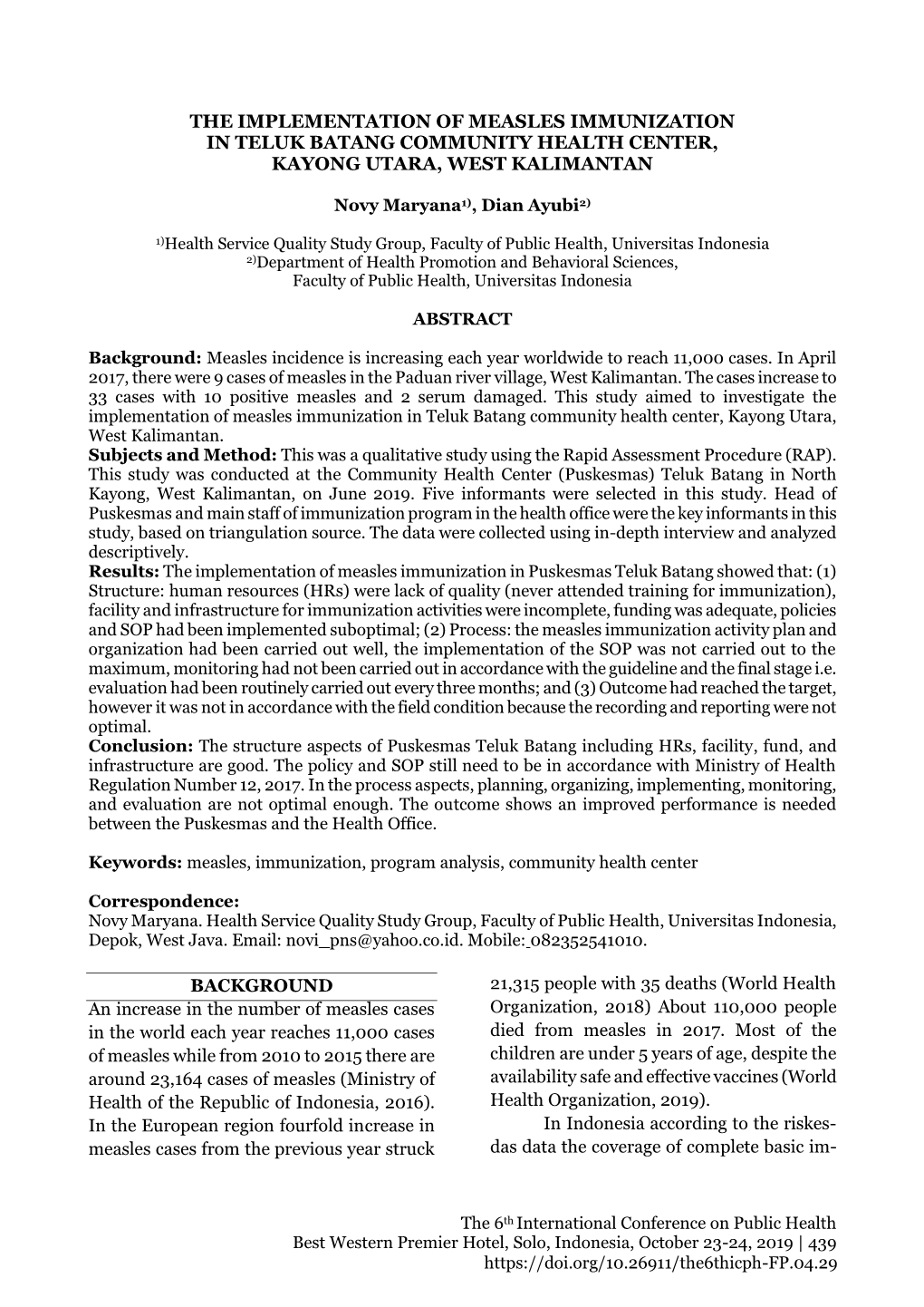 The Implementation of Measles Immunization in Teluk Batang Community Health Center, Kayong Utara, West Kalimantan