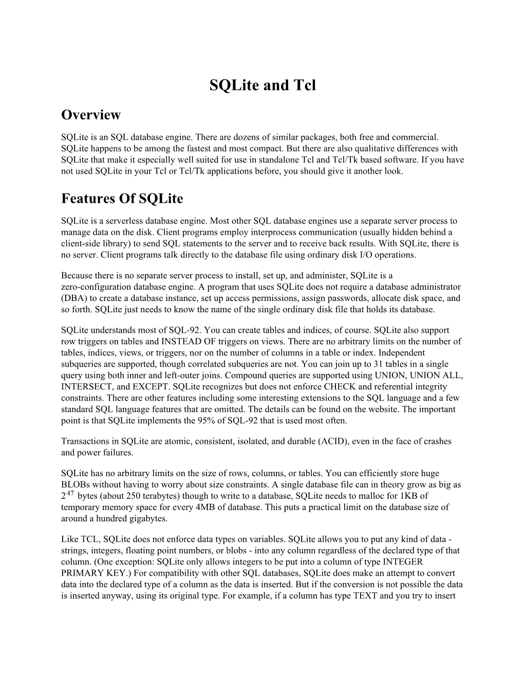 Sqlite and Tcl Overview