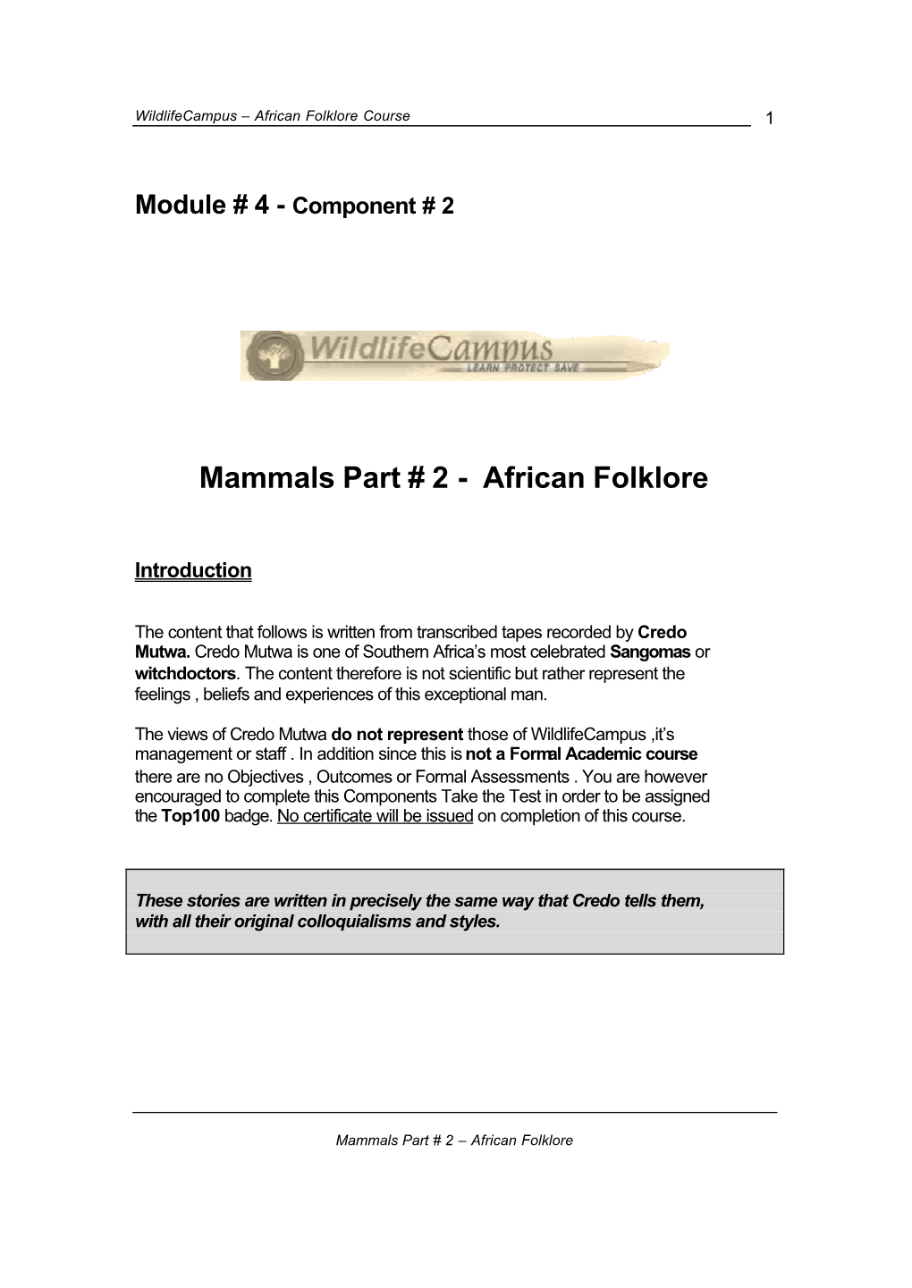 Mammals Part # 2 - African Folklore