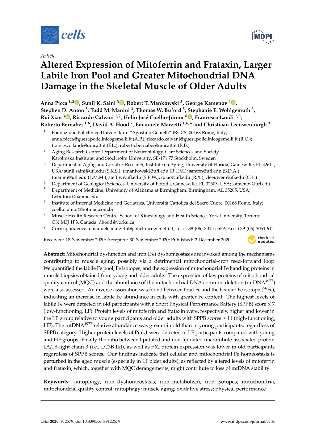 Altered Expression of Mitoferrin and Frataxin, Larger Labile Iron Pool and Greater Mitochondrial DNA Damage in the Skeletal Muscle of Older Adults