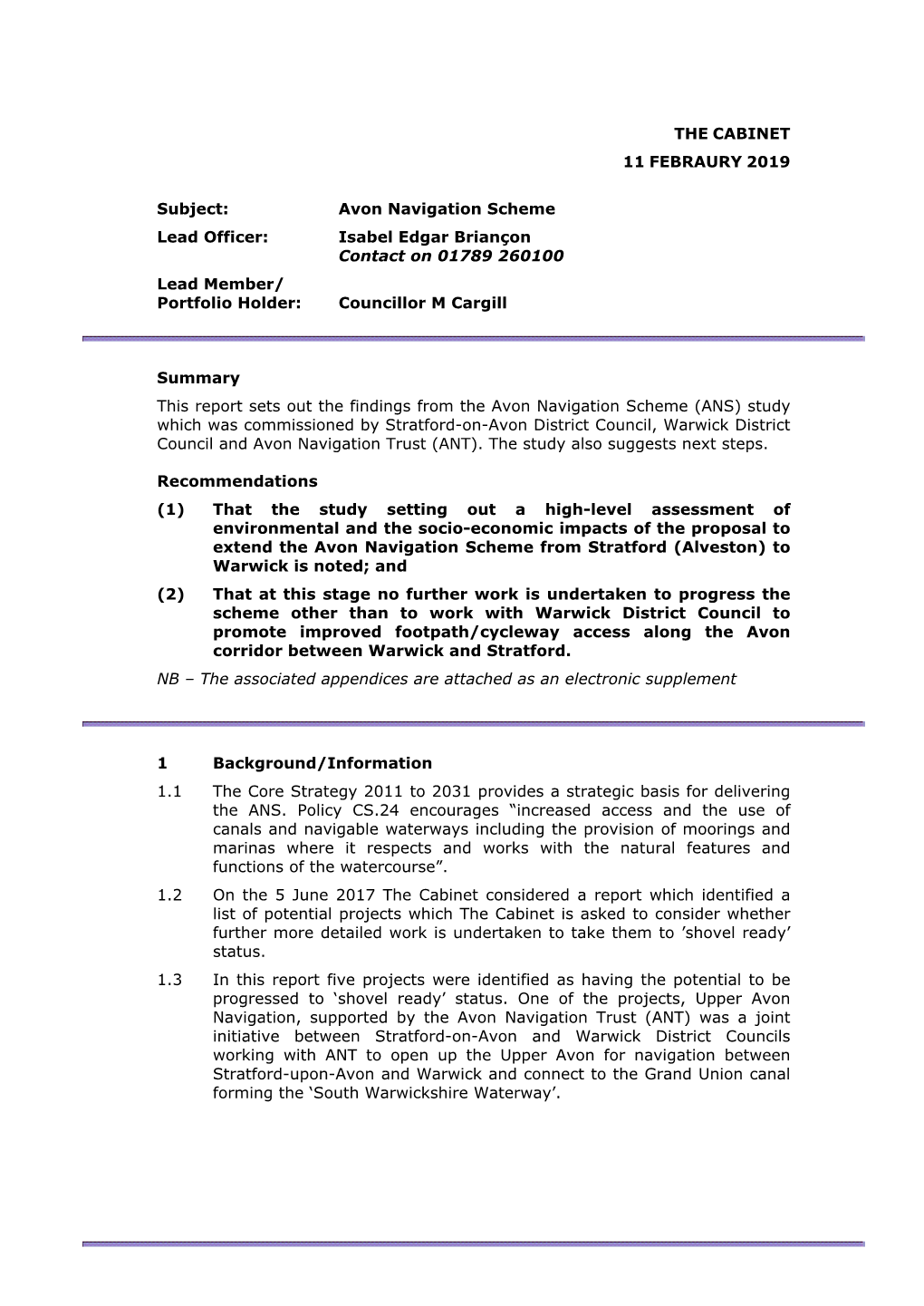 Avon Navigation Scheme Lead Officer: Isabel Edgar Briançon Contact on 01789 260100 Lead Member/ Portfolio Holder: Councillor M Cargill