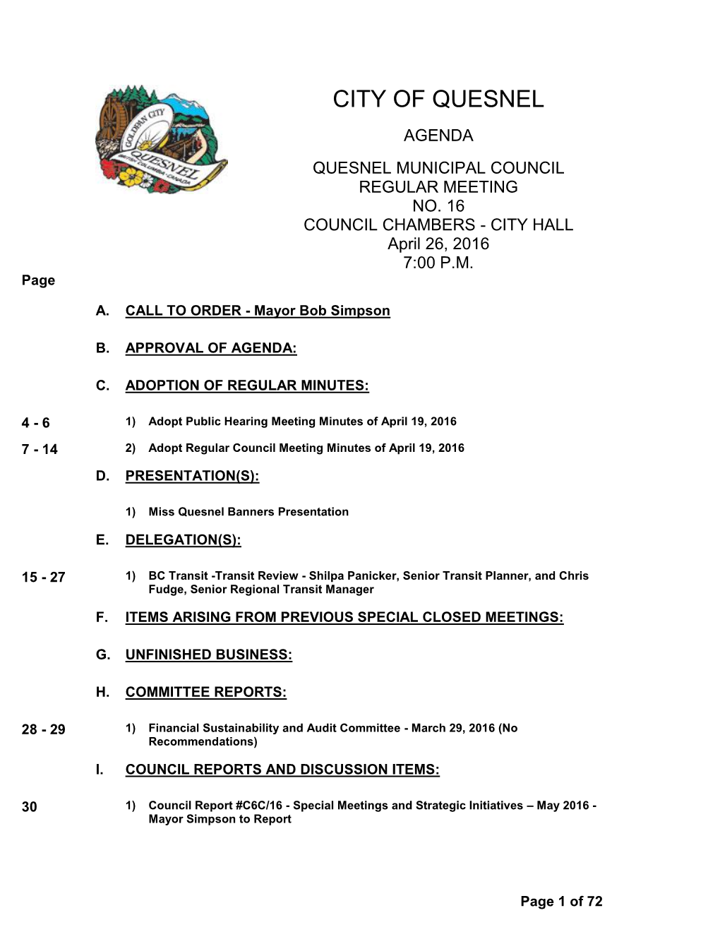 Regular Council Meeting Minutes of April 19, 2016