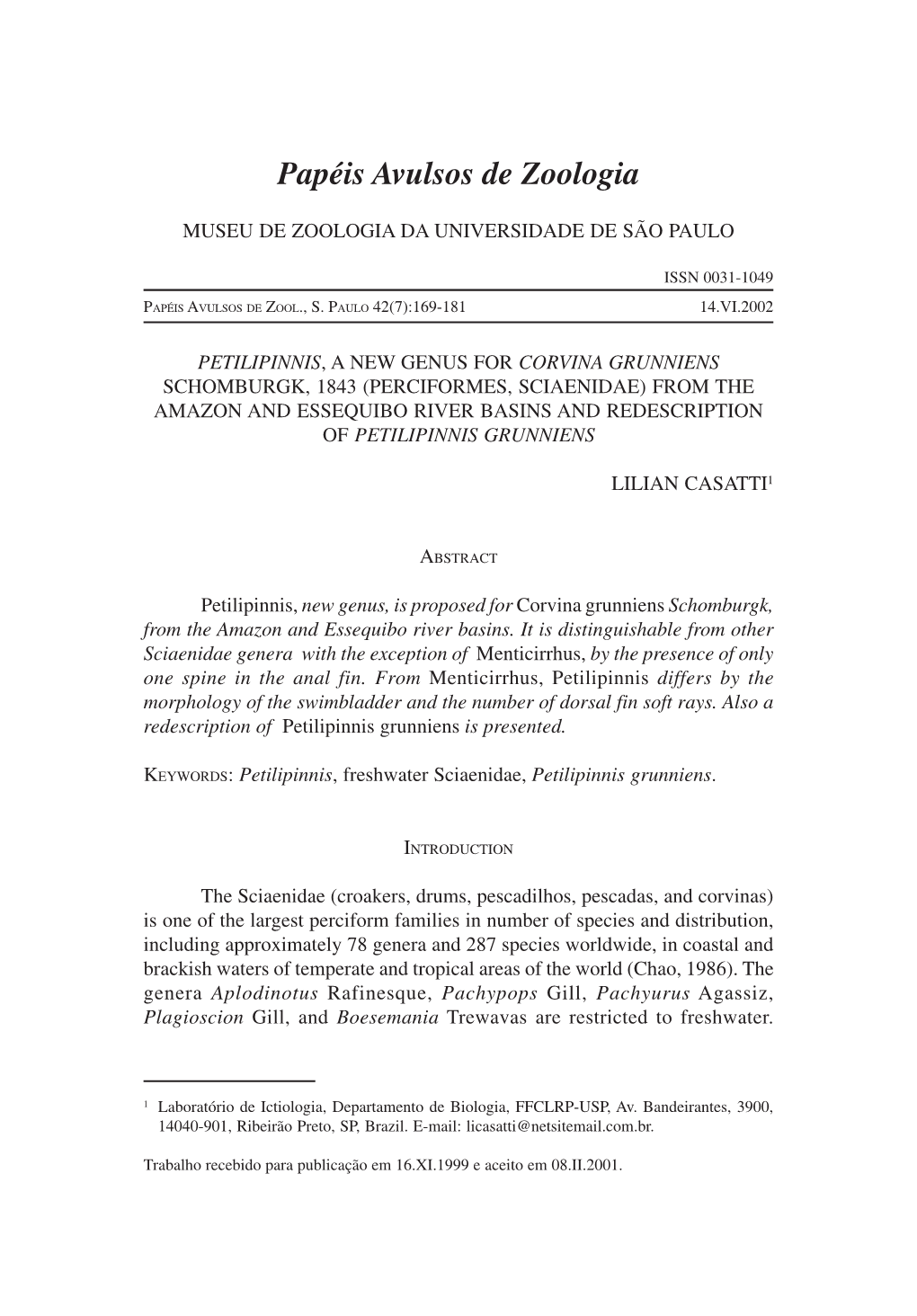 (Perciformes, Sciaenidae) from the Amazon and Essequibo River Basins and Redescription of Petilipinnis Grunniens