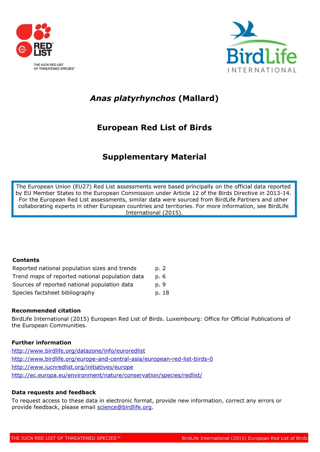 Anas Platyrhynchos (Mallard) European Red List of Birds Supplementary Material