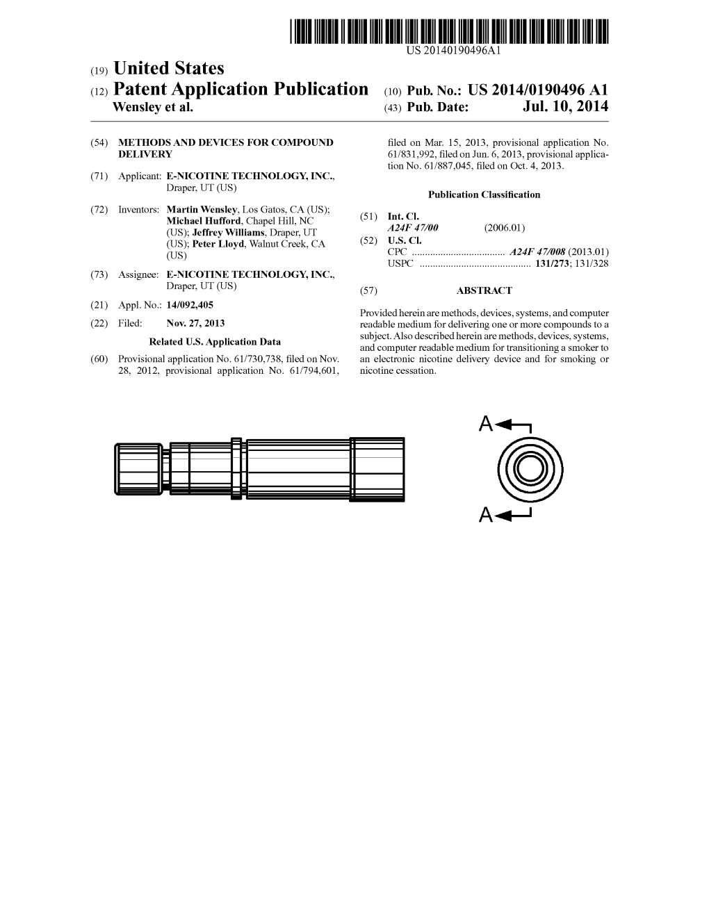 (12) Patent Application Publication (10) Pub. No.: US 2014/0190496 A1 Wensley Et Al