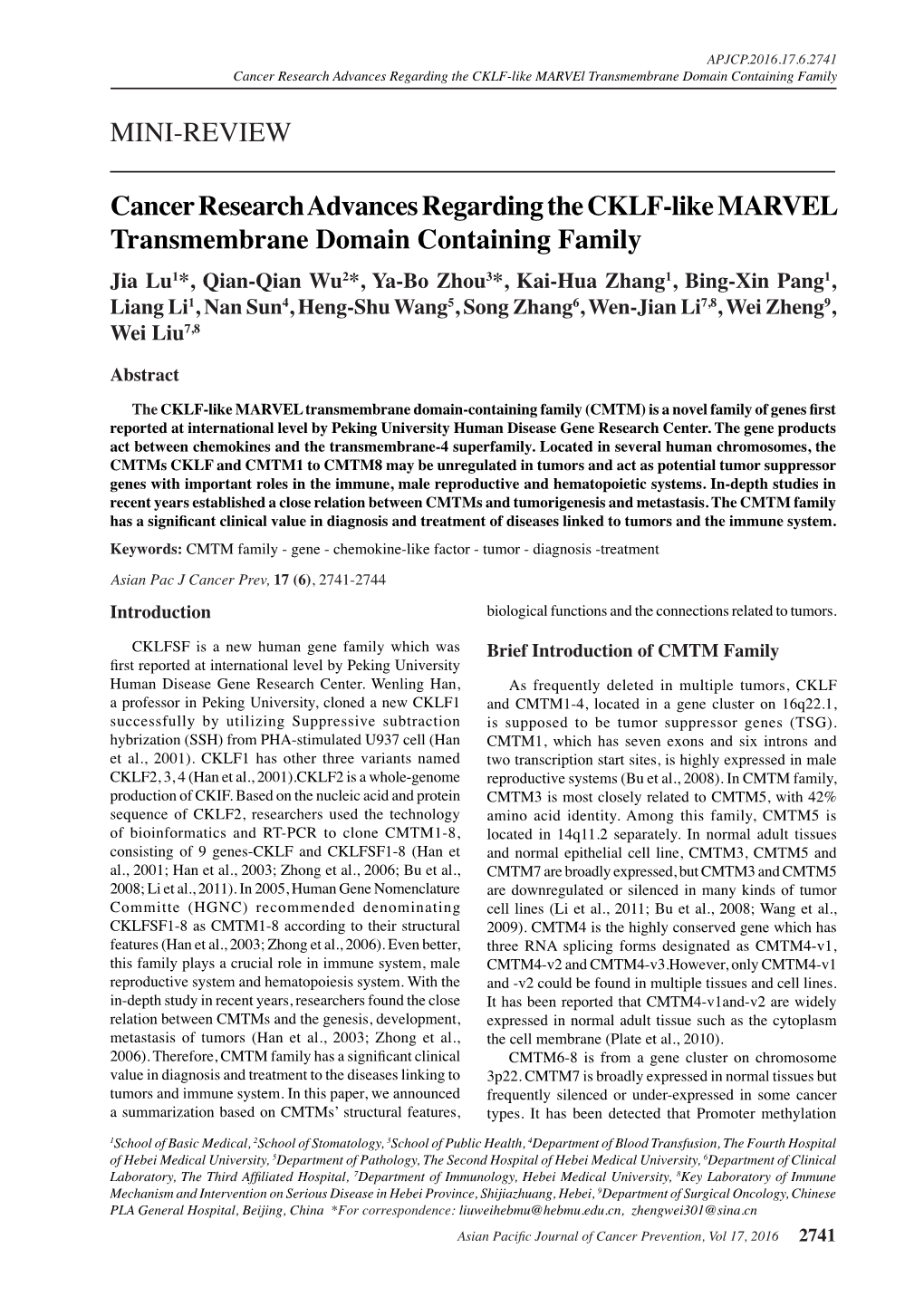 MINI-REVIEW Cancer Research Advances Regarding the CKLF-Like