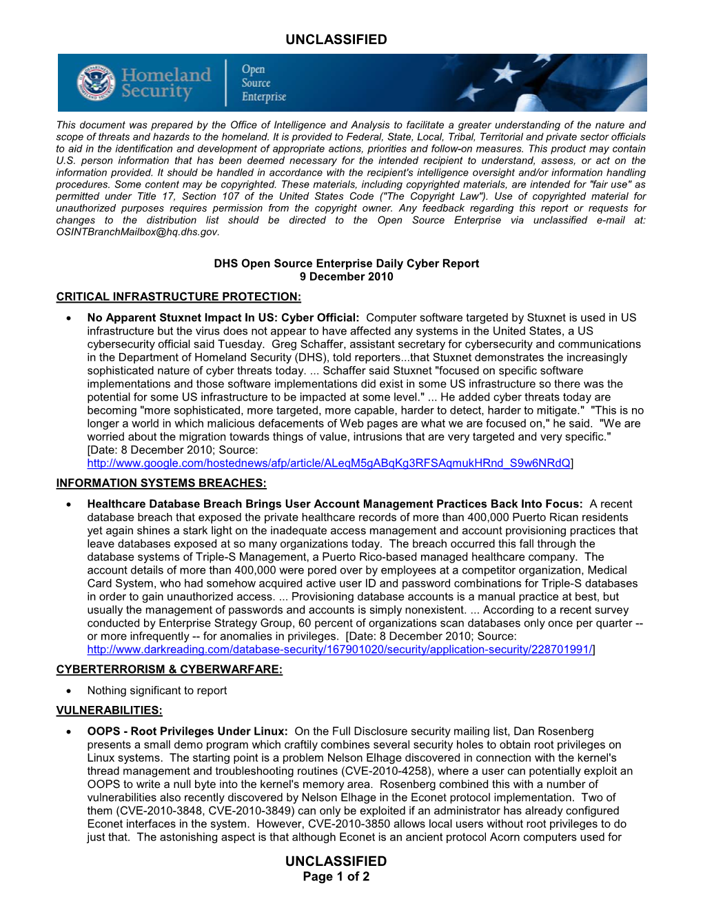 DHS Open Source Enterprise Daily Cyber Report