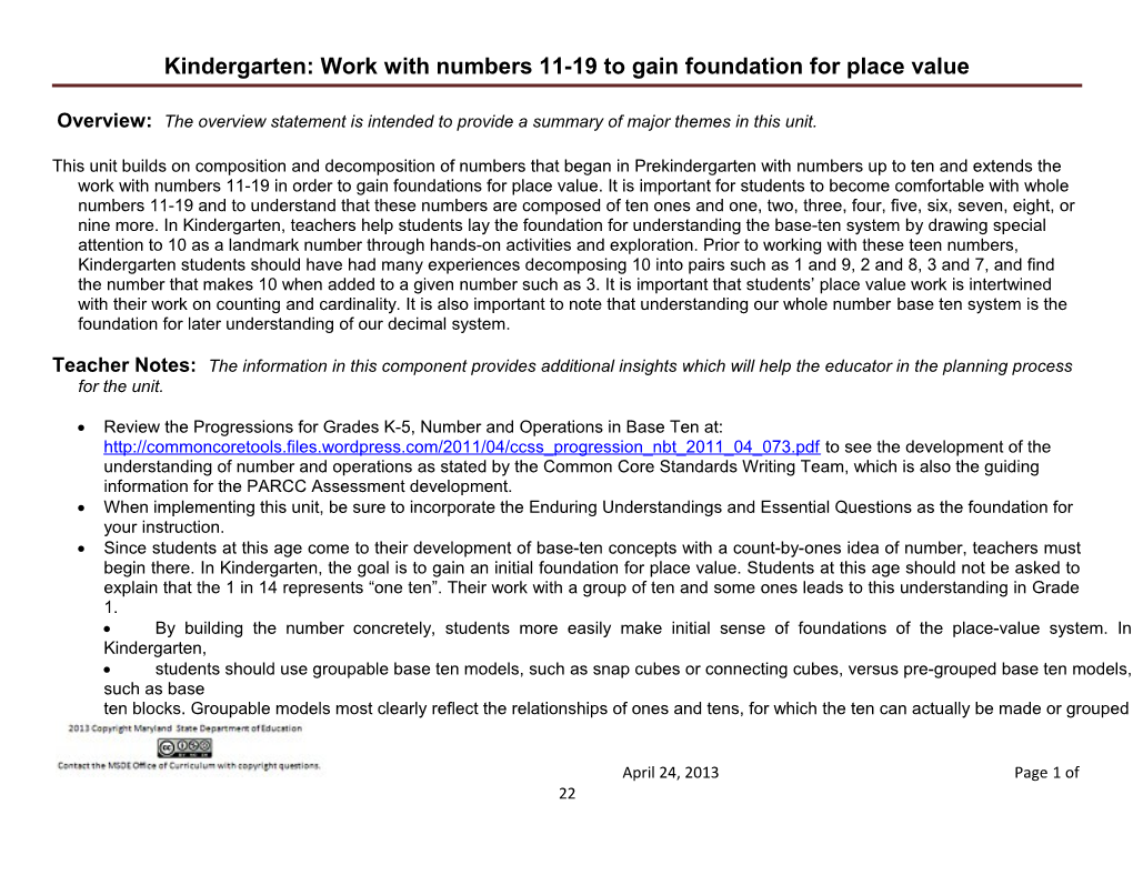 DRAFT UNIT PLAN – Kindergarten: Work With Numbers 11-19 To Gain Foundation For Place Value