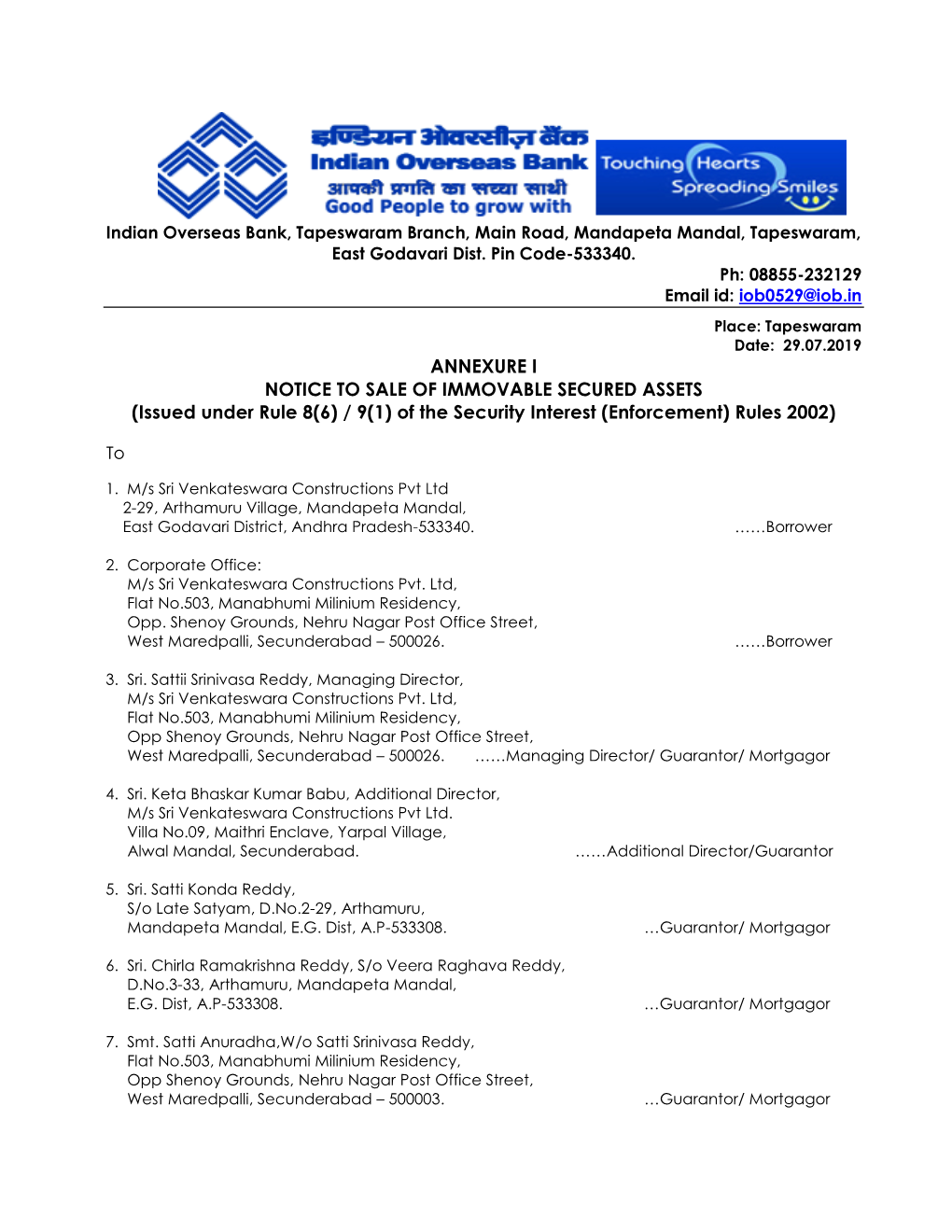 ANNEXURE I NOTICE to SALE of IMMOVABLE SECURED ASSETS (Issued Under Rule 8(6) / 9(1) of the Security Interest (Enforcement) Rules 2002)