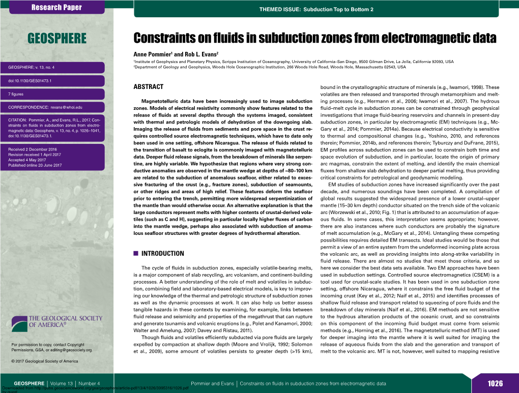 Constraints on Fluids in Subduction Zones from Electromagnetic Data Anne Pommier1 and Rob L