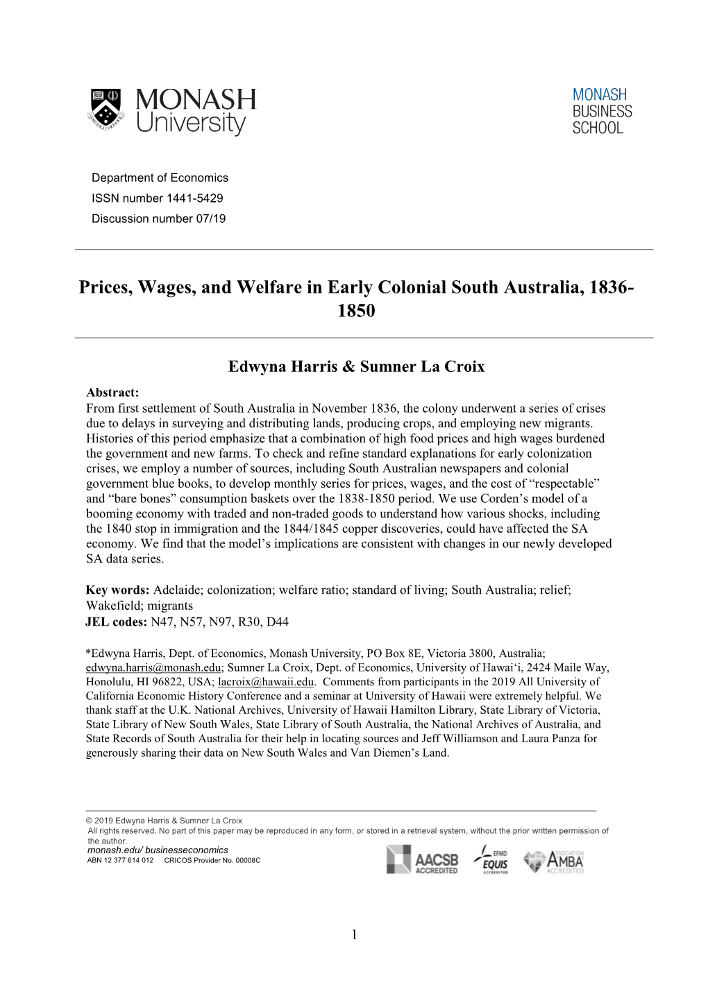 Prices, Wages, and Welfare in Early Colonial South Australia, 1836- 1850