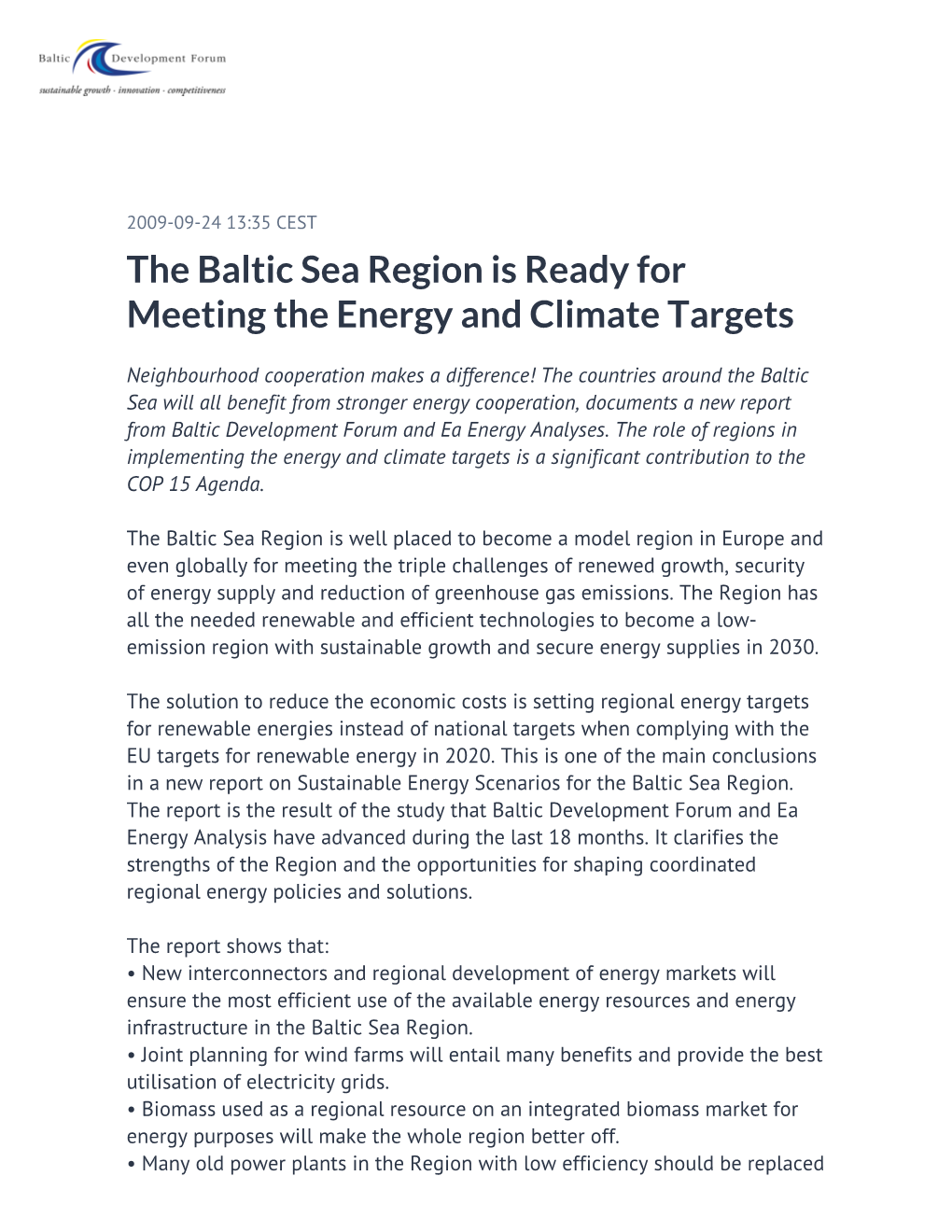The Baltic Sea Region Is Ready for Meeting the Energy and Climate Targets