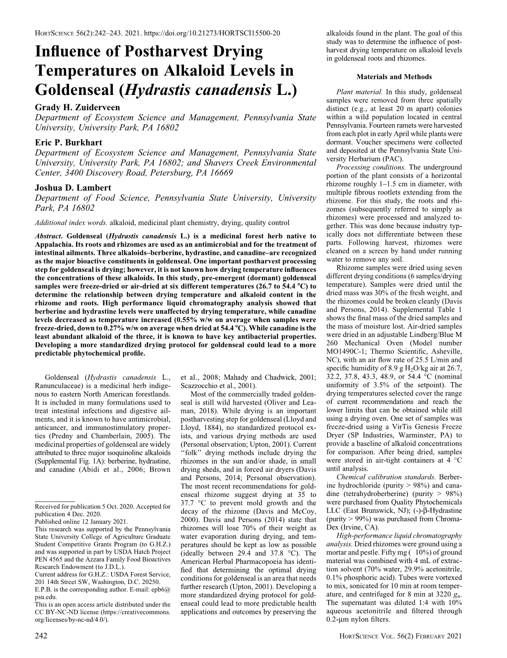 Influence of Postharvest Drying Temperatures on Alkaloid Levels In