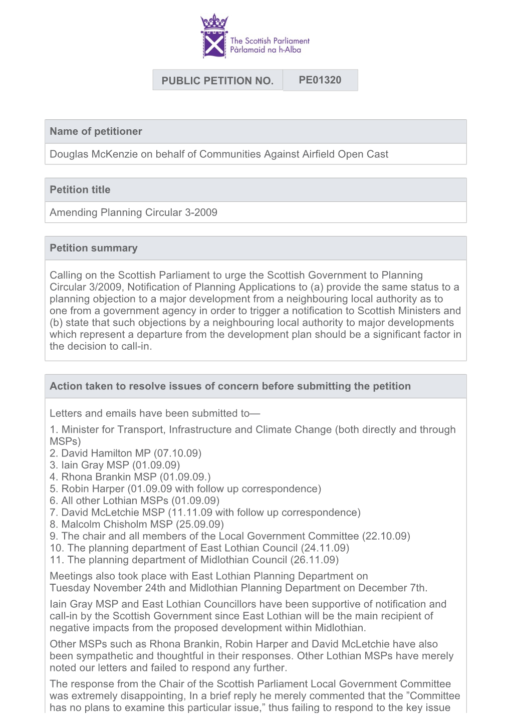 PUBLIC PETITION NO. PE01320 Name of Petitioner Douglas