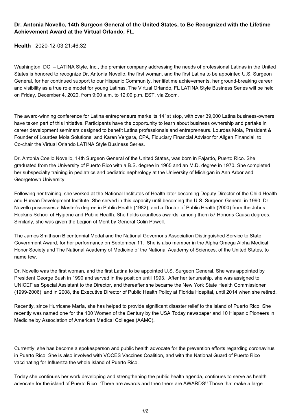 Dr. Antonia Novello, 14Th Surgeon General of the United States, to Be Recognized with the Lifetime Achievement Award at the Virtual Orlando, FL
