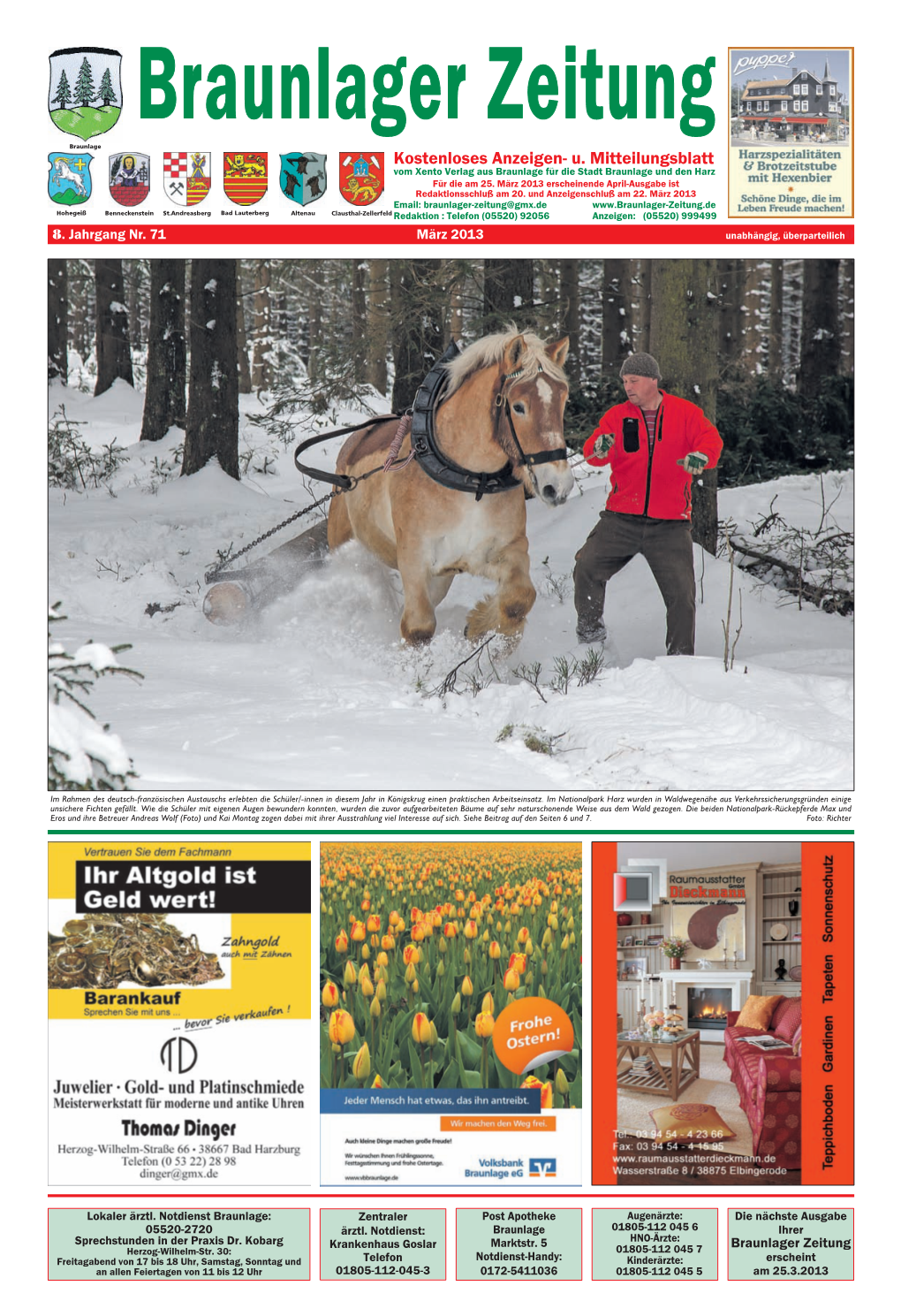 Kostenloses Anzeigen- U. Mitteilungsblatt Vom Xento Verlag Aus Braunlage Für Die Stadt Braunlage Und Den Harz Für Die Am 25