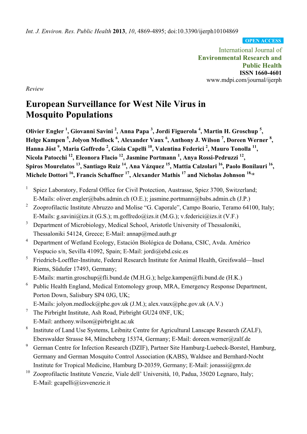 European Surveillance for West Nile Virus in Mosquito Populations