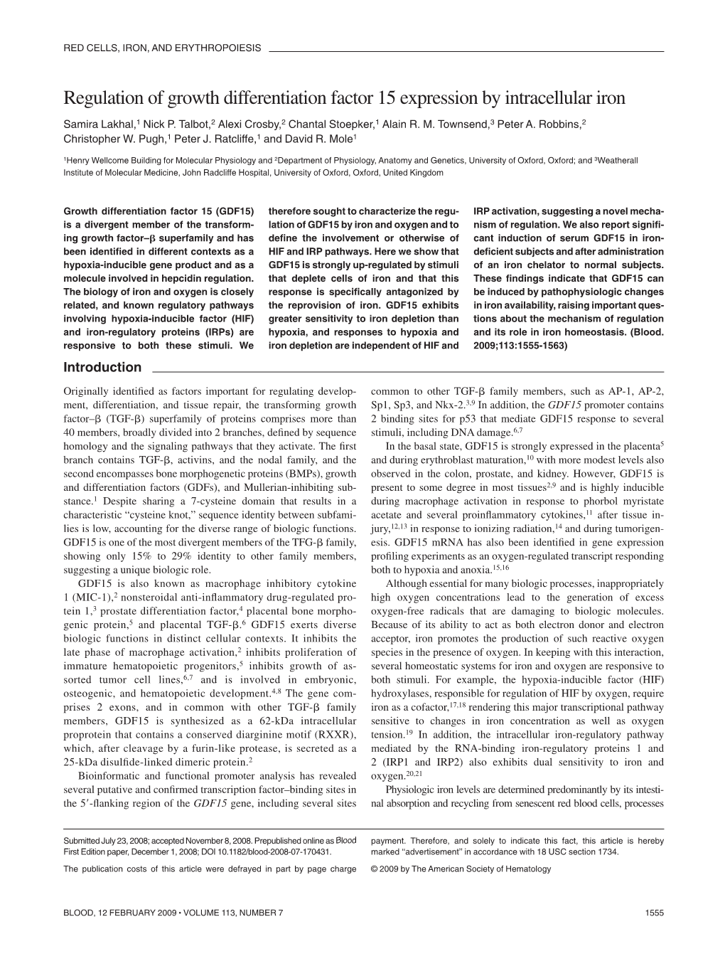 Regulation of Growth Differentiation Factor 15 Expression by Intracellular Iron